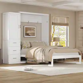 Whisen - Full Size Murphy Bed Frame with Wardrobe and Drawers, Foldable Storage Cabinet Bed - White