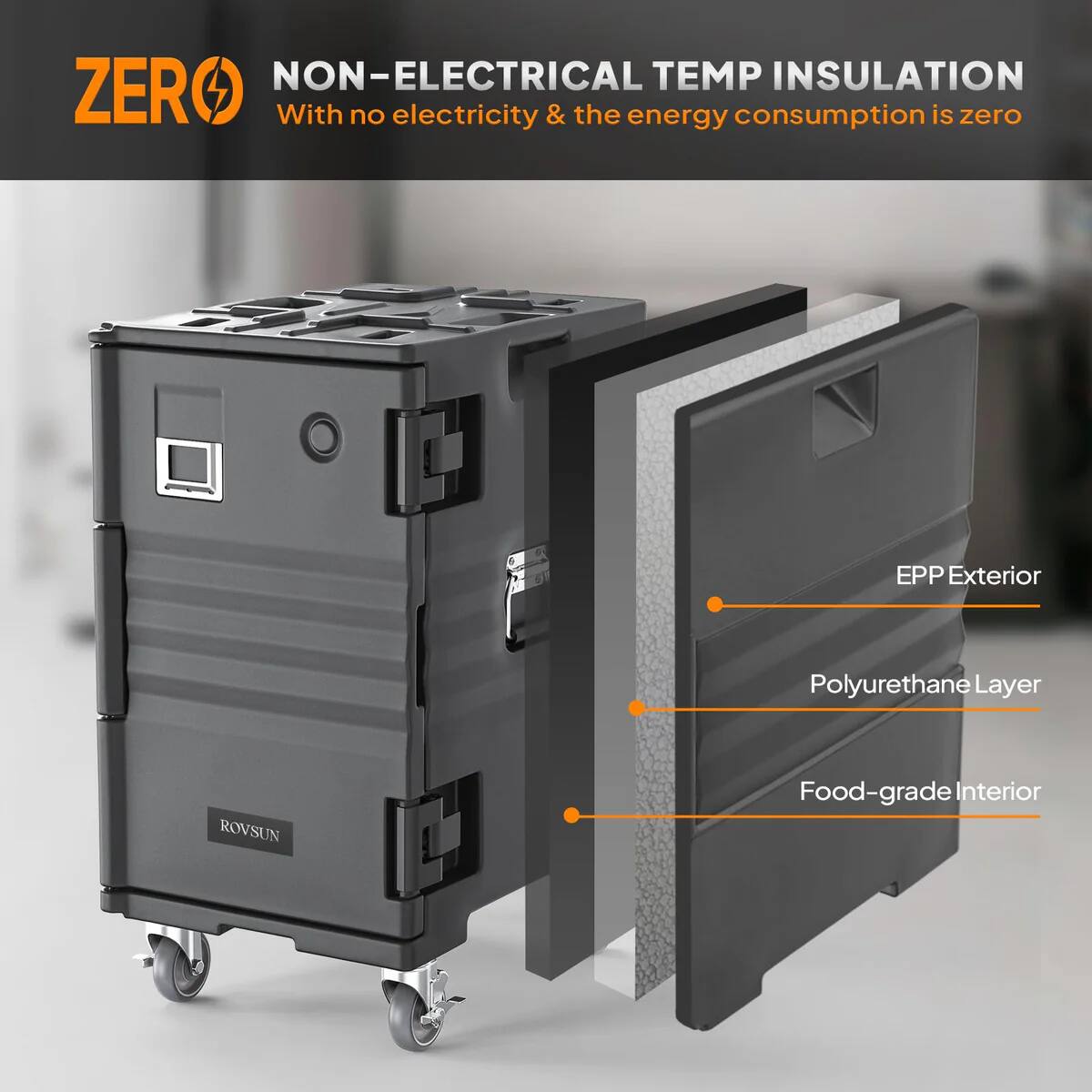 **ZERO**  
NON-ELECTRICAL TEMP INSULATION  
With no electricity & the energy consumption is zero  

- EPP Exterior  
- Polyurethane Layer  
- Food-grade Interior  

ROVSUN