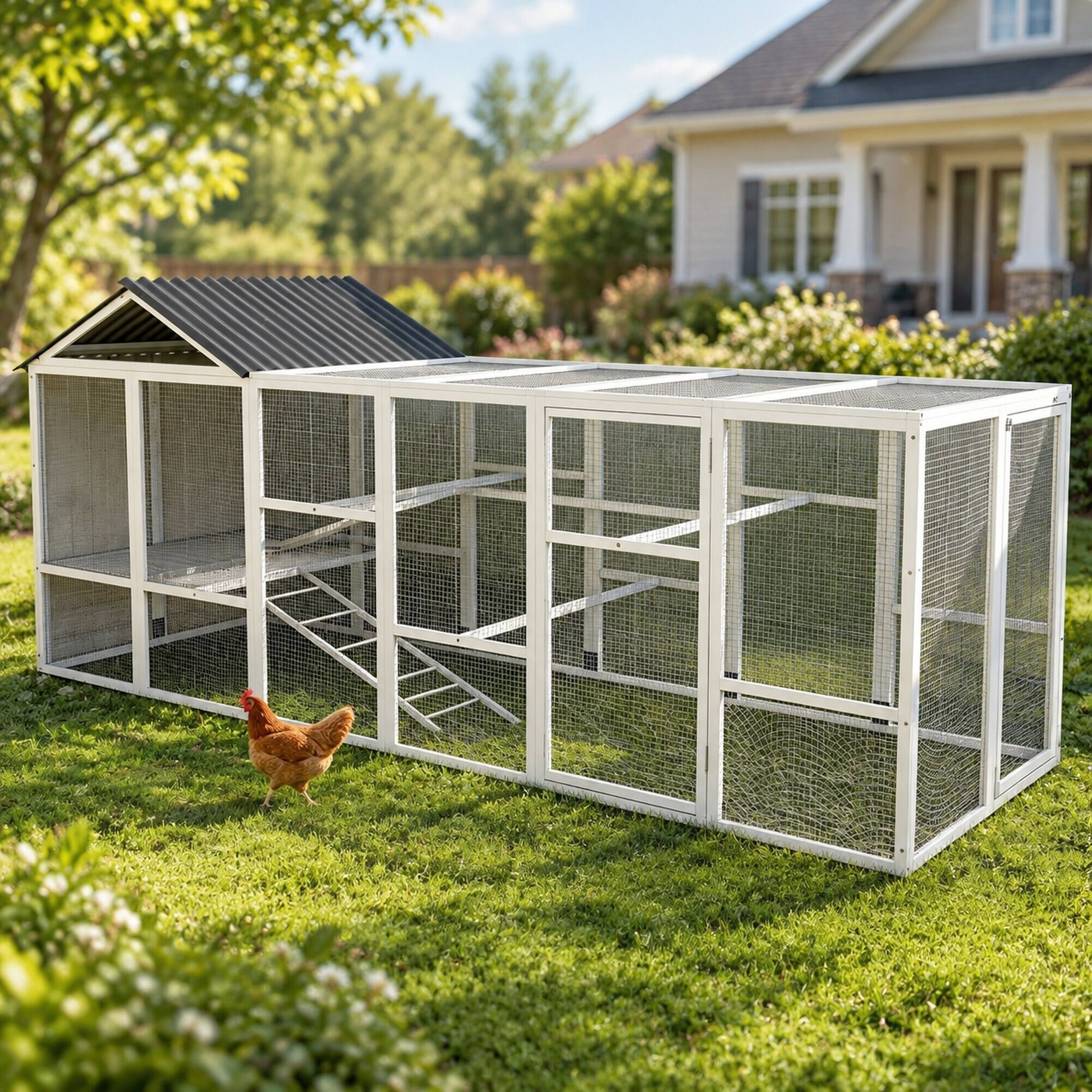 Left. RYHNUYNE - Wooden Chicken Coop Run, 141.75 in x 48 in x 61 in, Fir Wood and Metal, 2-Tier Perches, Storage, for 6-10 Chickens.