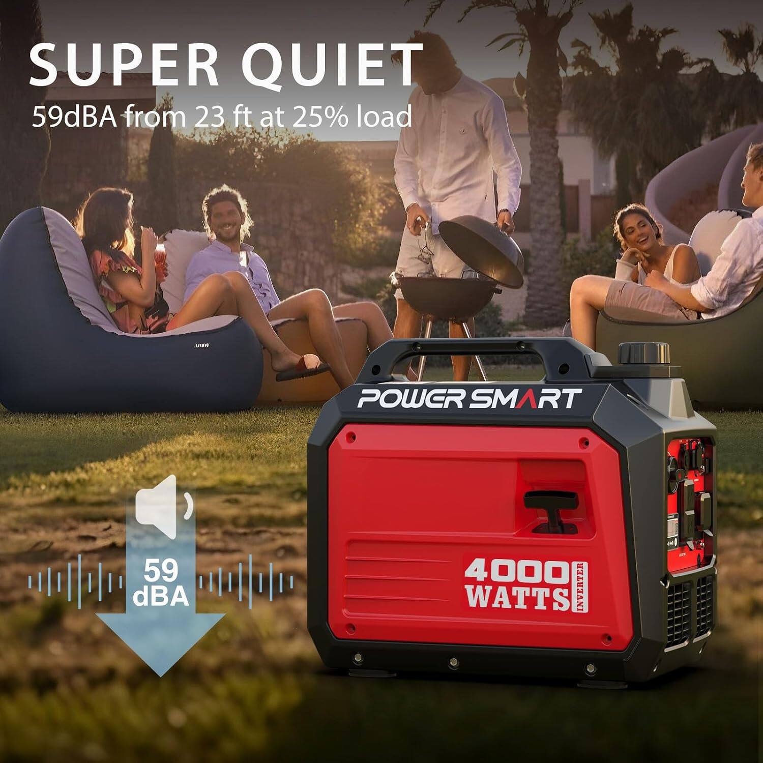 SUPER QUIET  
59dBA from 23 ft at 25% load  

POWER SMART  
59 dBA  
4000 WATTS INVERTER