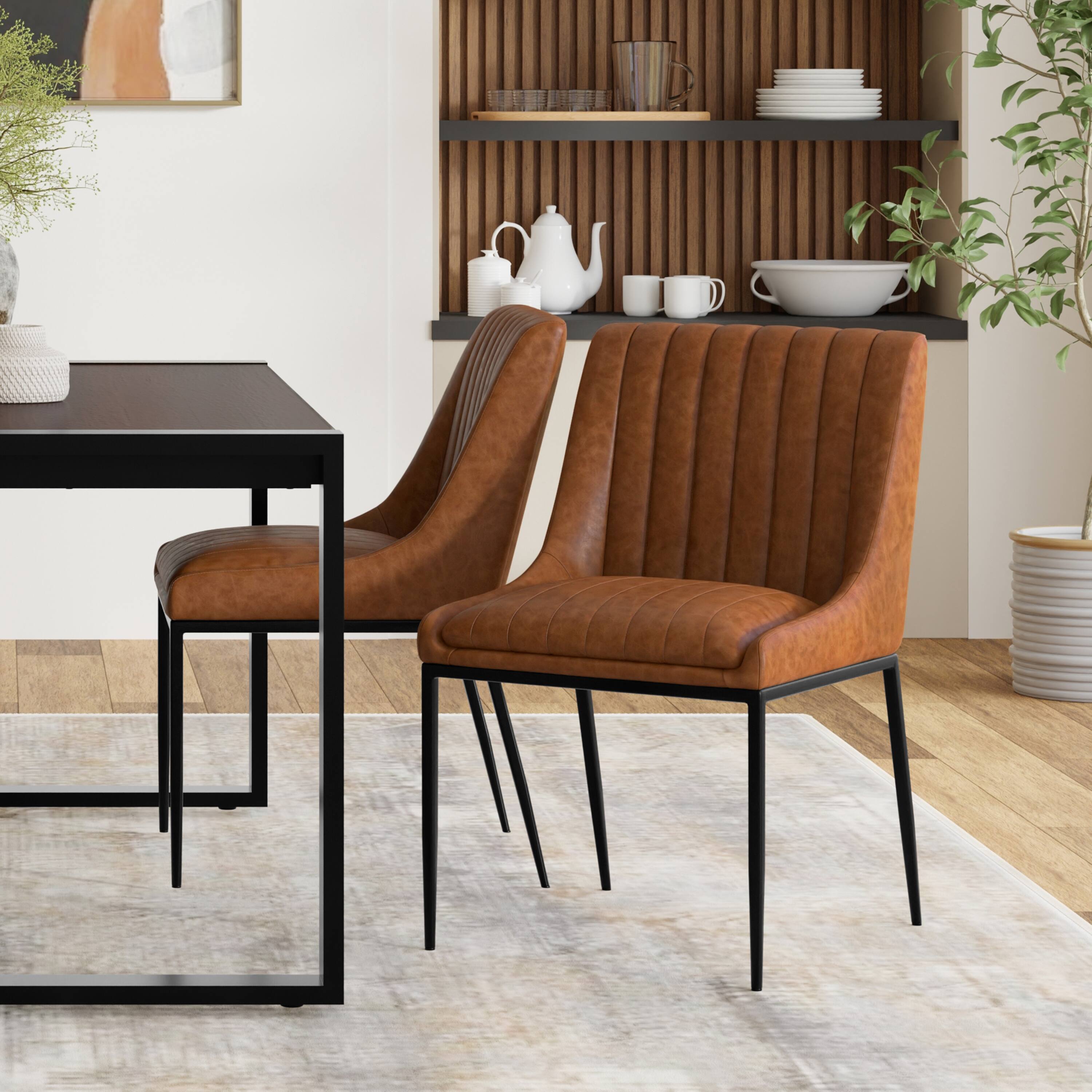 Angle. Simpli Home - Melody Dining Chair (Set of 2) in Distressed Tan Vegan Faux Leather - Distressed Tan.