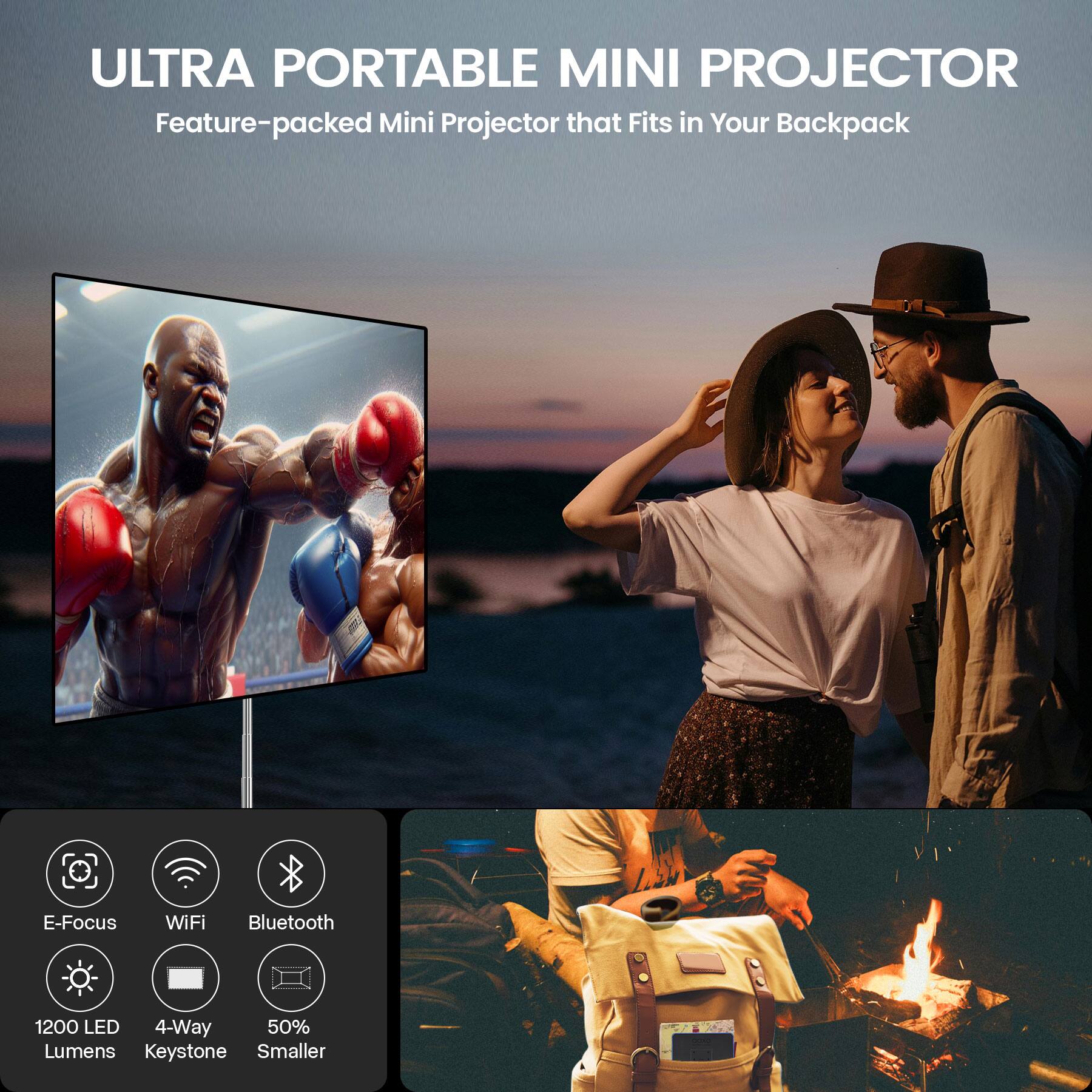 Ultra Portable Mini Projector: Feature-packed Mini Projector that Fits in Your Backpack. E-Focus WiFi Bluetooth 1200 LED 4-Way 50% Lumens Keystone Smaller.