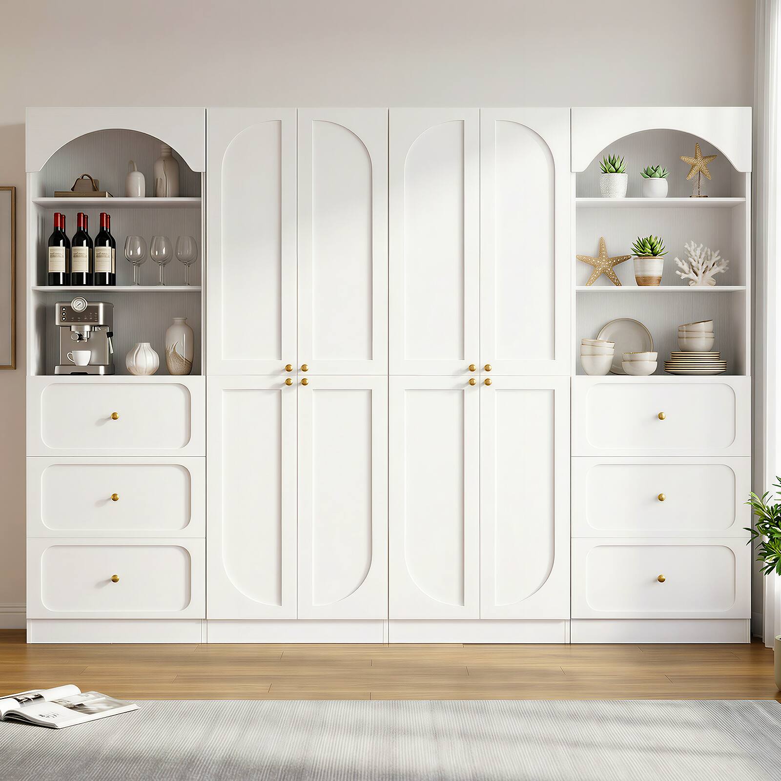 Alt View 3. Aheaplus - 80" Arched Kitchen Pantry Sets: Wooden Cupboard, 3 Drawers, 9-Tier Shelves, Kitchen/Living Room ,Ships in 2 Packages - White.