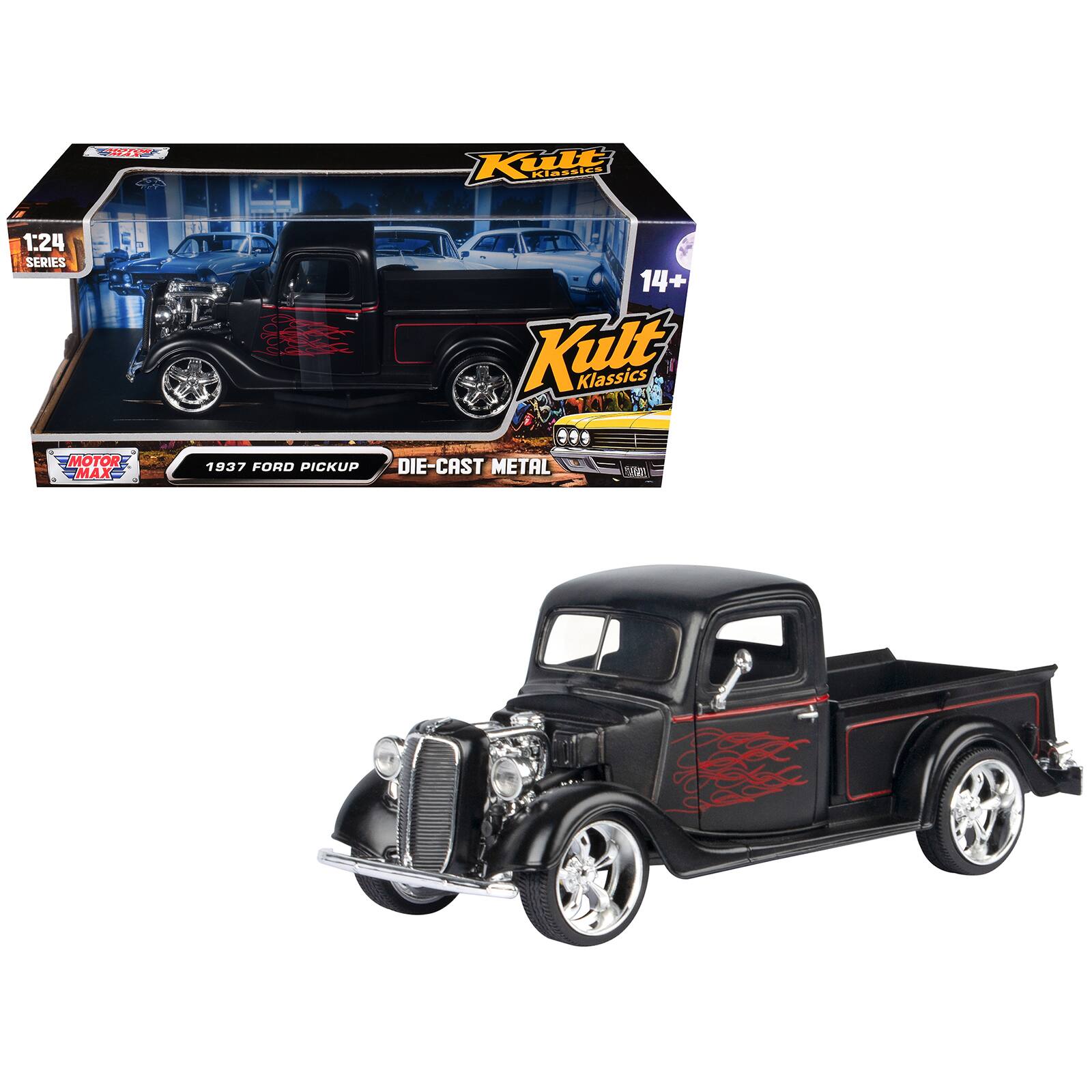 1937 Ford Pickup Truck Matt Black with Red Flame Graphics 