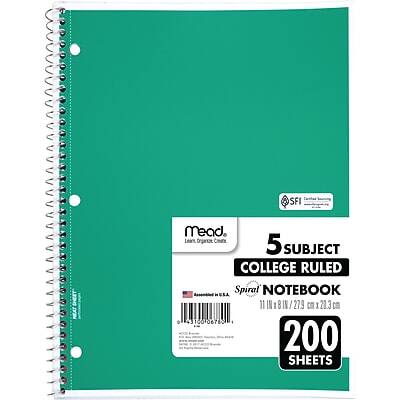 Sure, here is the corrected and grouped text:

---

**Mead**

**Learns Originals**

**5 Subject College Ruled Spiral Notebook**

**200 Sheets**

**11 in x 8.5 in / 27.9 cm x 21.3 cm**

**$3.10**

**SFI Certified**

**SFI - Sustainable Forestry Initiative**

---

**Made in the USA**

**www.mead.com**

---

**Spiral Binding**

**11 in x 8.5 in / 27.9 cm x 21.3 cm**

**200 Sheets**

---