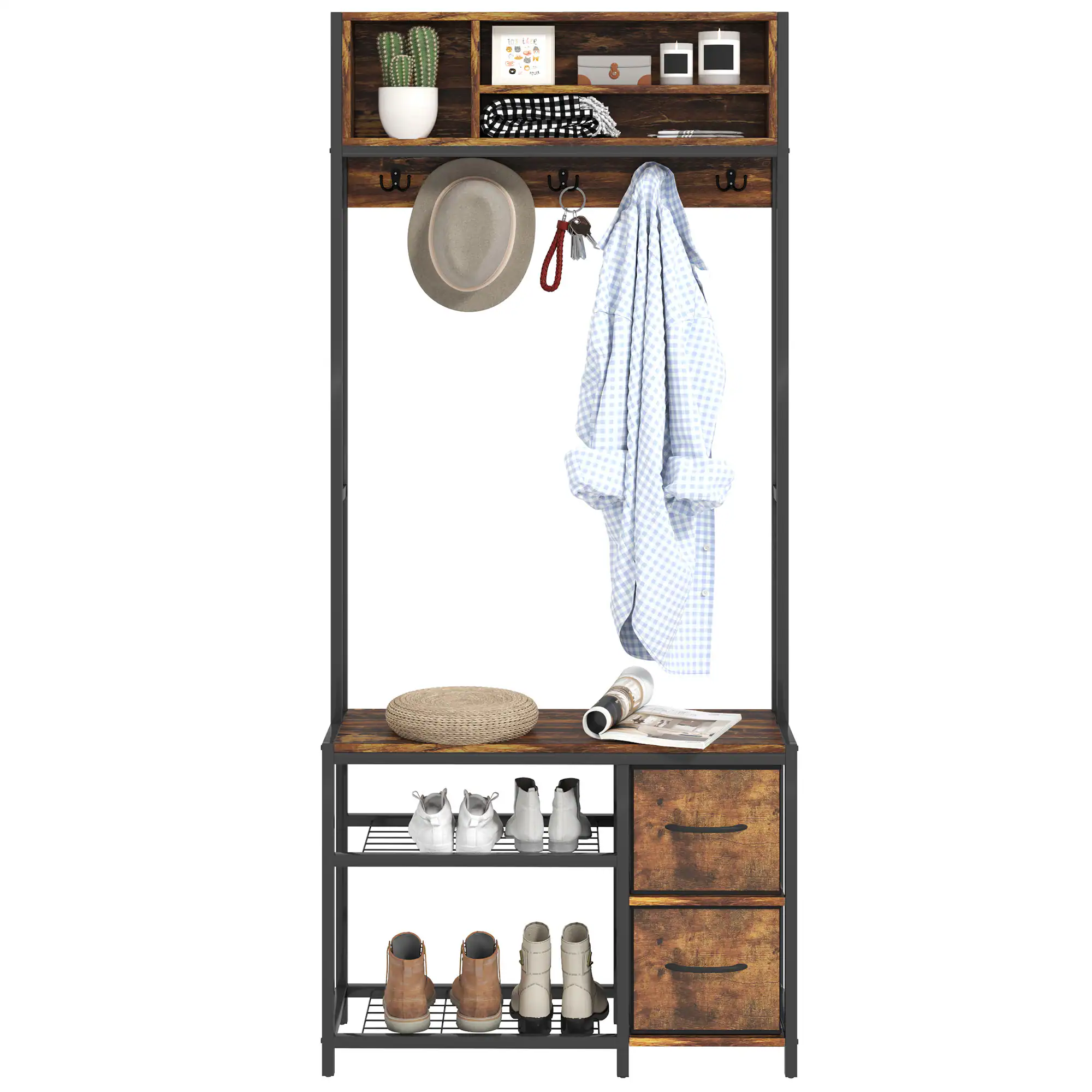 Homcom - Hall Tree with Bench and Shoe Storage, 5-in-1 Entryway Bench with Coat Rack, 3 Storage Compartments, 5 Coat Hooks - Brown