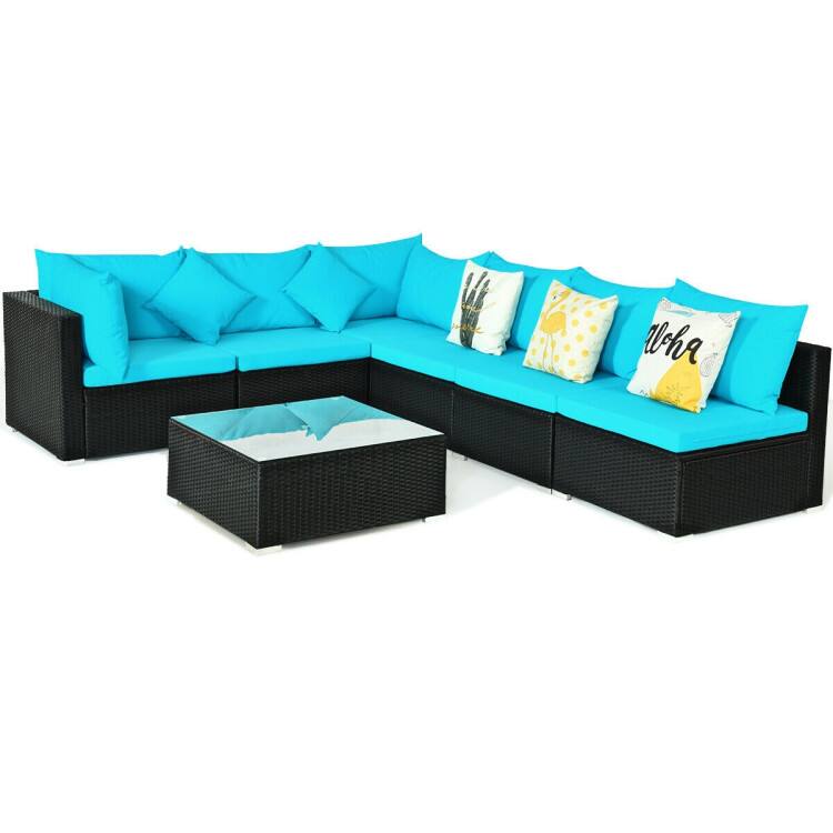 Alt View 2. Mondawe - 7-Piece Sectional Wicker Sofa Set w/ Tempered Glass Table, Outdoor Patio Conversation Set with Cushions - Light Blue.