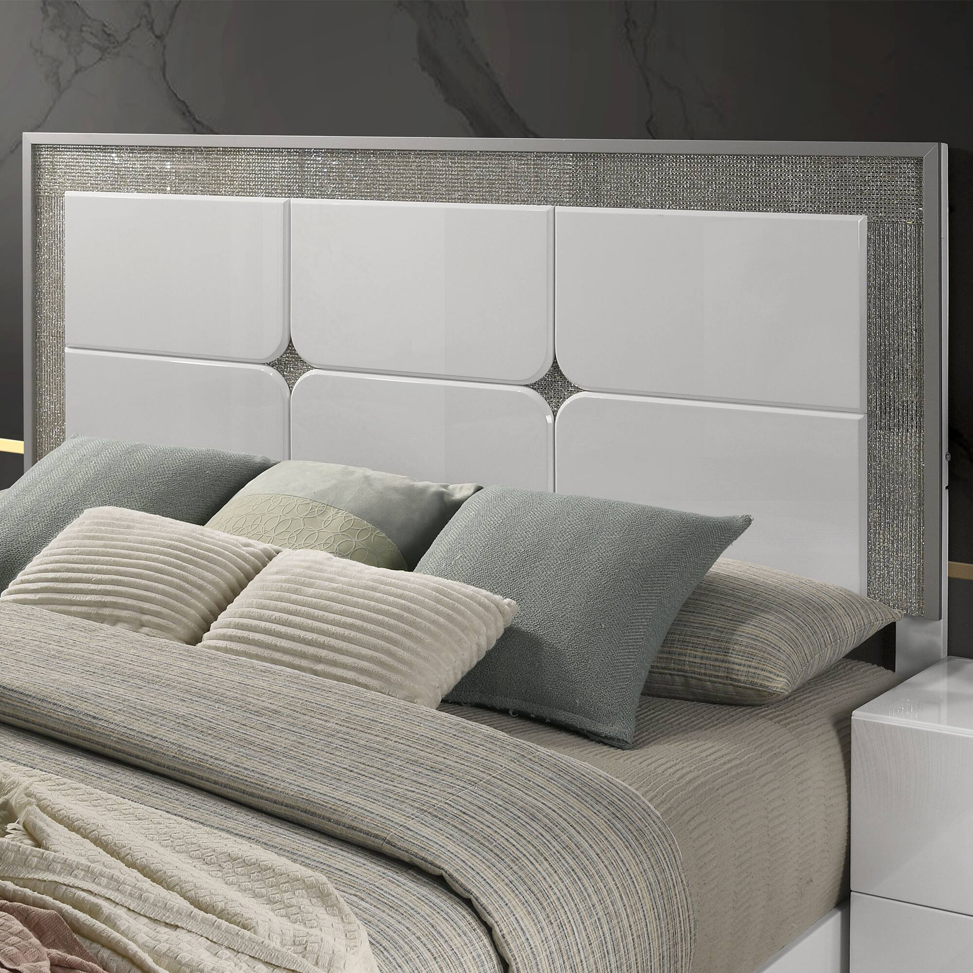 Alt View 2. Vaczon - Luxury King Bed with LED Lighting, Rhinestone-Trim Headboard & Sleek Footboard Contemporary Master Bedroom Style - White.