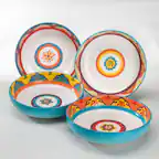 Front. Euro Ceramica Home - Galicia 8.4'' Stoneware Pasta Bowl Set of 4 - orange; turquoise; yellow; purple.