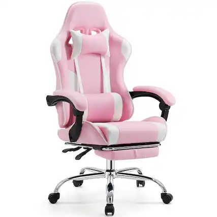Front. PexFix - Ergonomic Gaming Chair with Spring Seat, 150° Recline, Adjustable Lumbar Pillow for Office & Gaming, 275 lb Capacity - Pink+White.