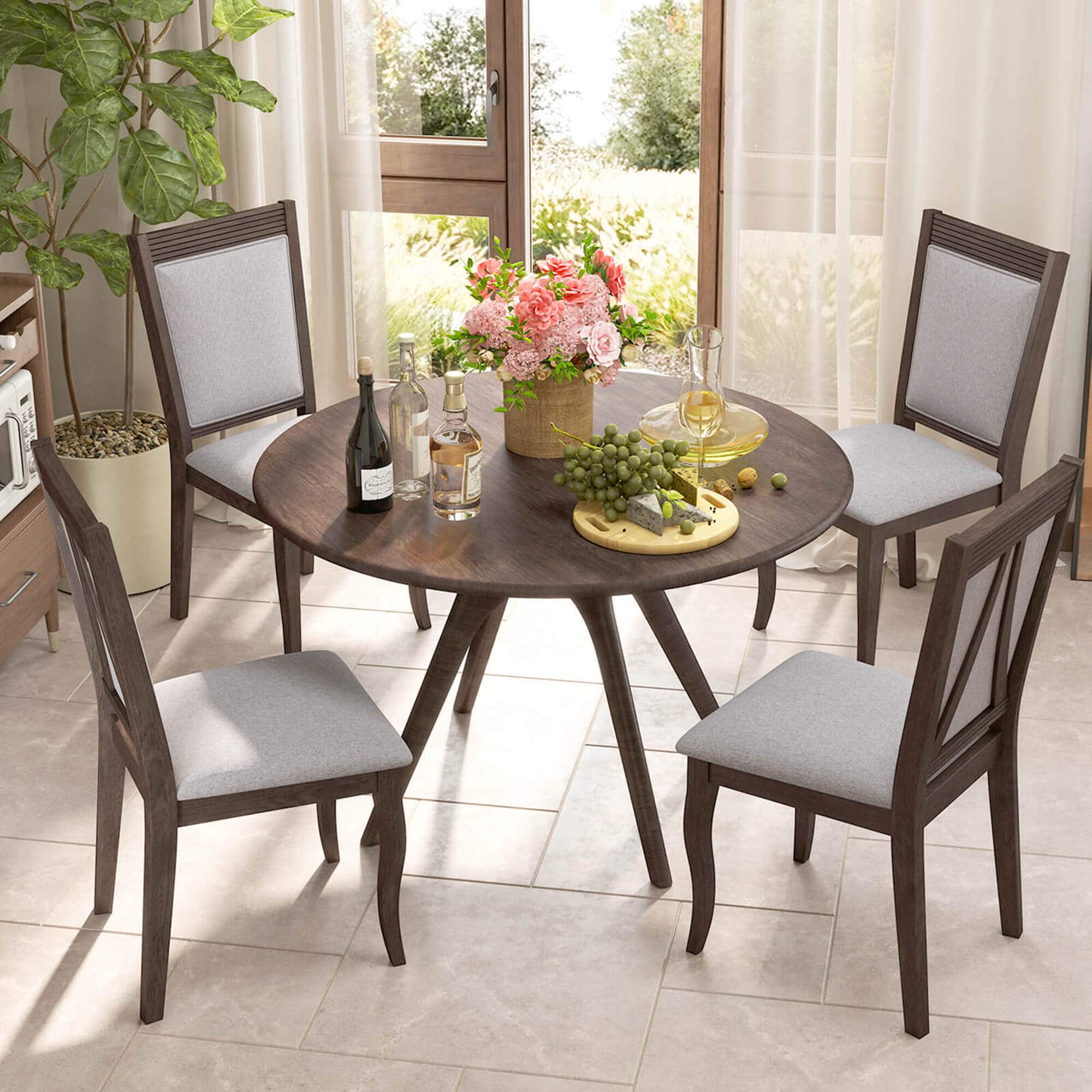 Angle. Costway - Wood Dining Chairs Set of 4 with Rubber Wood Frame Padded Seat High Backrest - Brown.