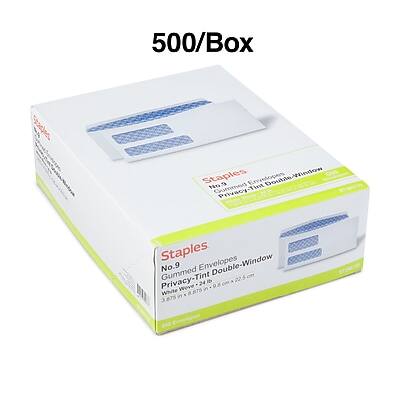 500/Box  
Staples  
No.9 Envelopes  
Privacy-Tint Double-Window  
White Wove  
24 Count  
3 1/8 x 8 3/4" (7.9 x 22.2 cm)