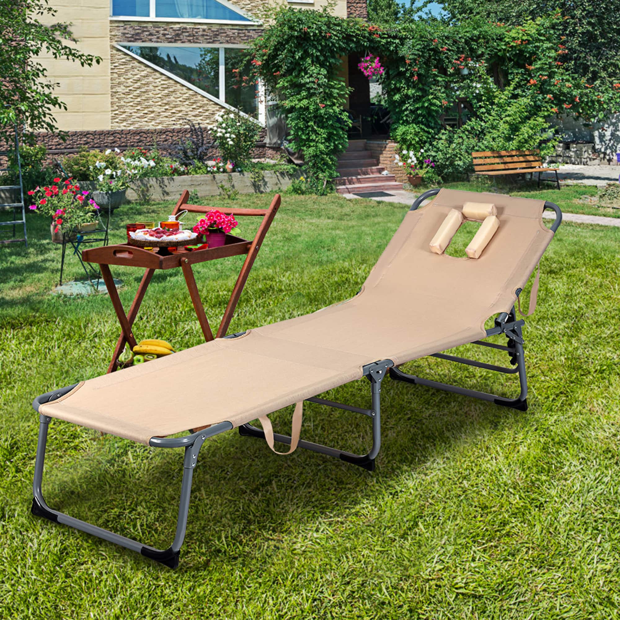 Gymax - Folding Chaise Lounge Chair Bed Adjustable Patio Beach Camping Recliner - Beige