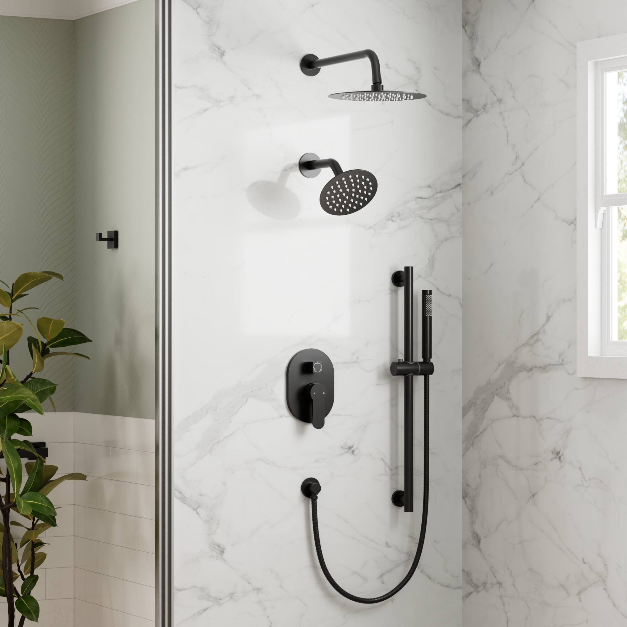 Angle. GRANDJOY - Wall Mounted Shower System Set with 10" Rainfall Shower Head, Handheld Shower and Adjustable Slide Bar - Matte Black.