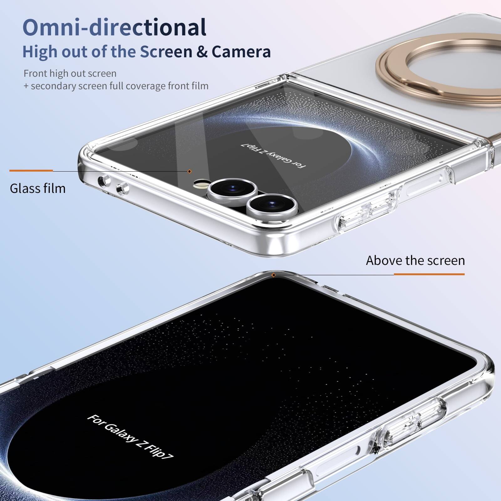 Omni-directional High out of the Screen & Camera  
Front high out screen + secondary screen full coverage front film  
Glass film  
Above the screen  
For Galaxy Z Flip7