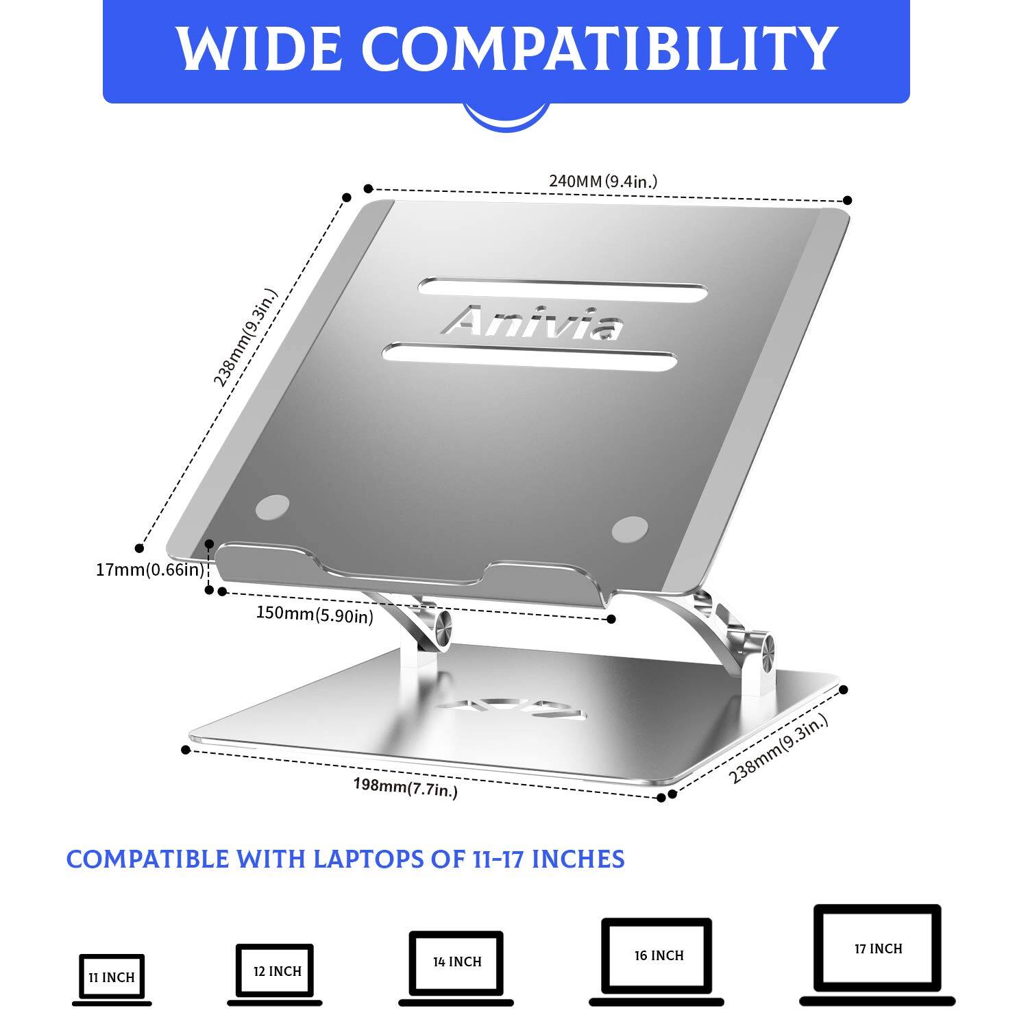 WIDE COMPATIBILITY  
240MM (9.4in.)  
238mm (9.3in.)  
17mm (0.66in)  
150mm (5.90in)  
198mm (7.7in.)  

COMPATIBLE WITH LAPTOPS OF 11-17 INCHES  
11 INCH  
12 INCH  
14 INCH  
16 INCH  
17 INCH