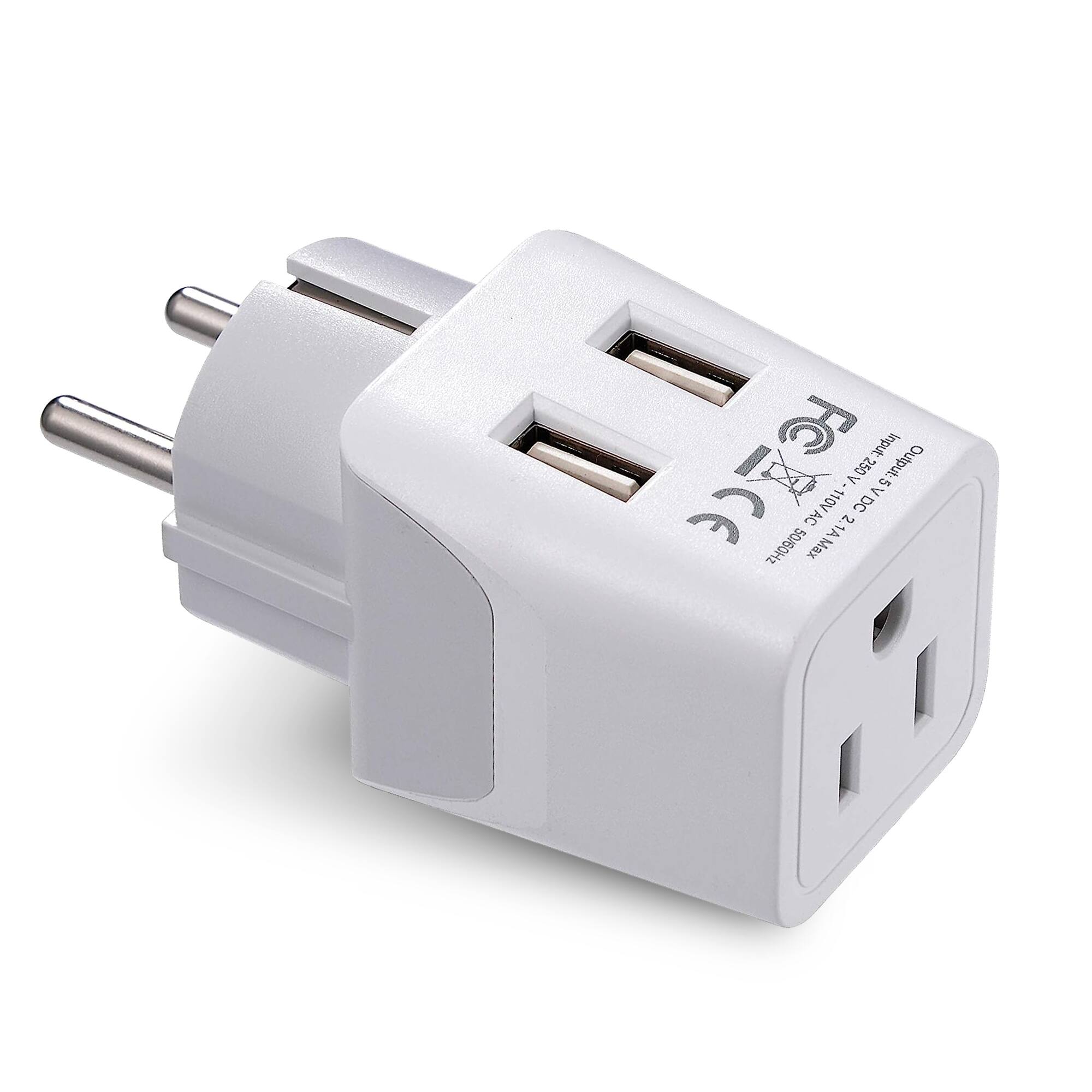 Ceptics - Schuko Type E/F Travel Adapter Plug with Dual USB for France, Germany, Spain & More – Ultra Compact (CTU-9) - White