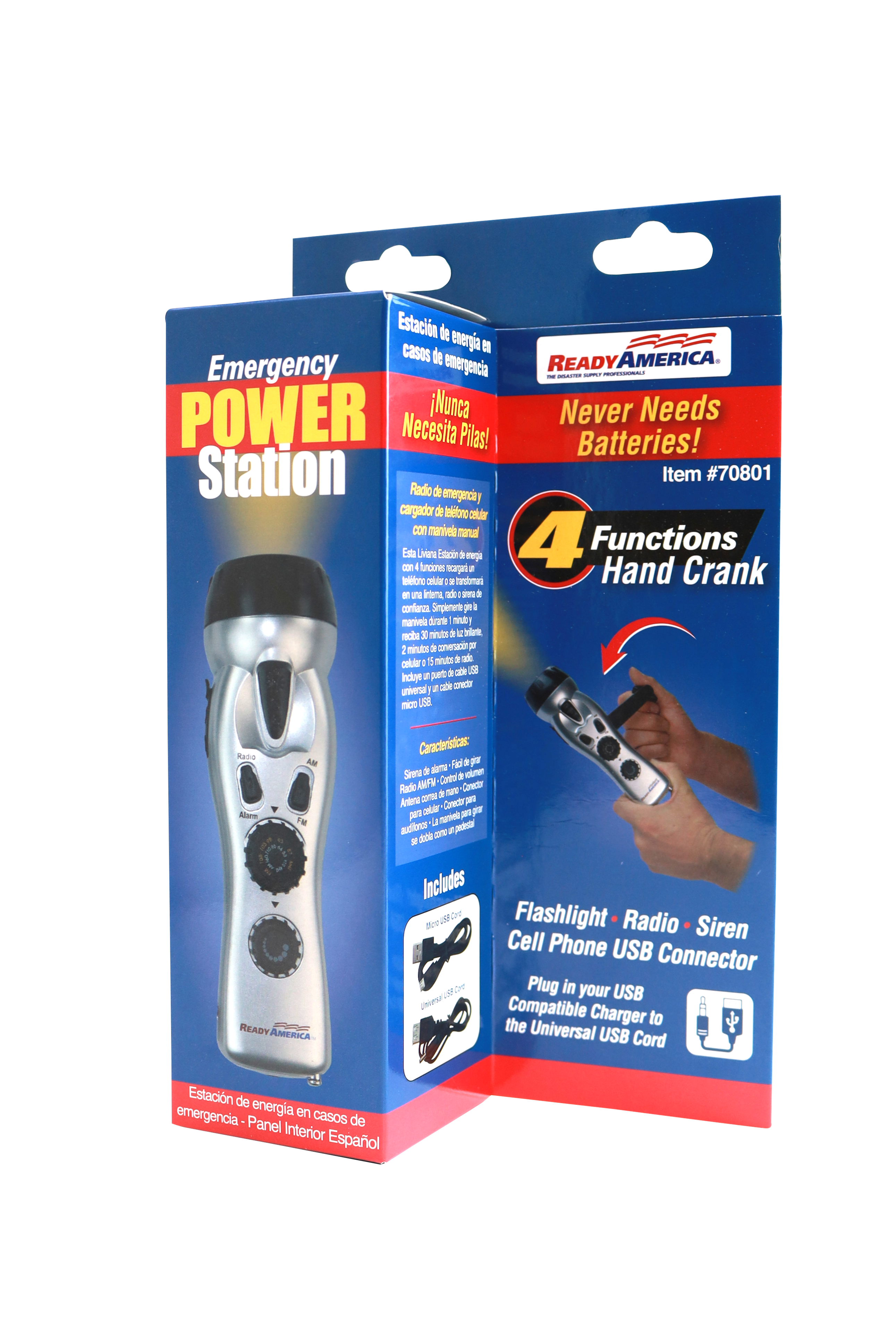 Emergency POWER Station

Estación de energía en casos de emergencia - Panel Interior Español

Never Needs Batteries!

4 Functions Hand Crank

Item #70801

Flashlight - Radio - Siren - Cell Phone USB Connector

Plug in your USB Compatible Charger to the Universal USB Cord

Características:
- Radio AM/FM
- Conector para auriculares
- Antena para radio
- Conector para auriculares
- Sirena
- Luz de emergencia
- Conector USB para cargar teléfonos móviles

Incluye:
- Luz de emergencia
- Radio AM/FM
- Sirena
- Conector USB para cargar teléfonos móviles
- Universal USB Cord