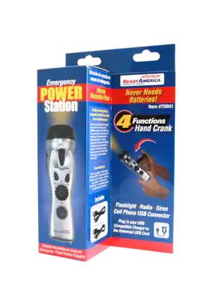 Emergency POWER Station
Estación de energía en casos de emergencia - Panel Interior Español
Never Needs Batteries!
4 Functions Hand Crank
Item #70801
Flashlight - Radio - Siren - Cell Phone USB Connector
Plug in your USB Compatible Charger to the Universal USB Cord
Características:
- Radio AM/FM
- Conector para auriculares
- Antena para radio
- Conector para auriculares
- Sirena
- Luz de emergencia
- Conector USB para cargar teléfonos móviles
Incluye:
- Luz de emergencia
- Radio AM/FM
- Sirena
- Conector USB para cargar teléfonos móviles
- Universal USB Cord