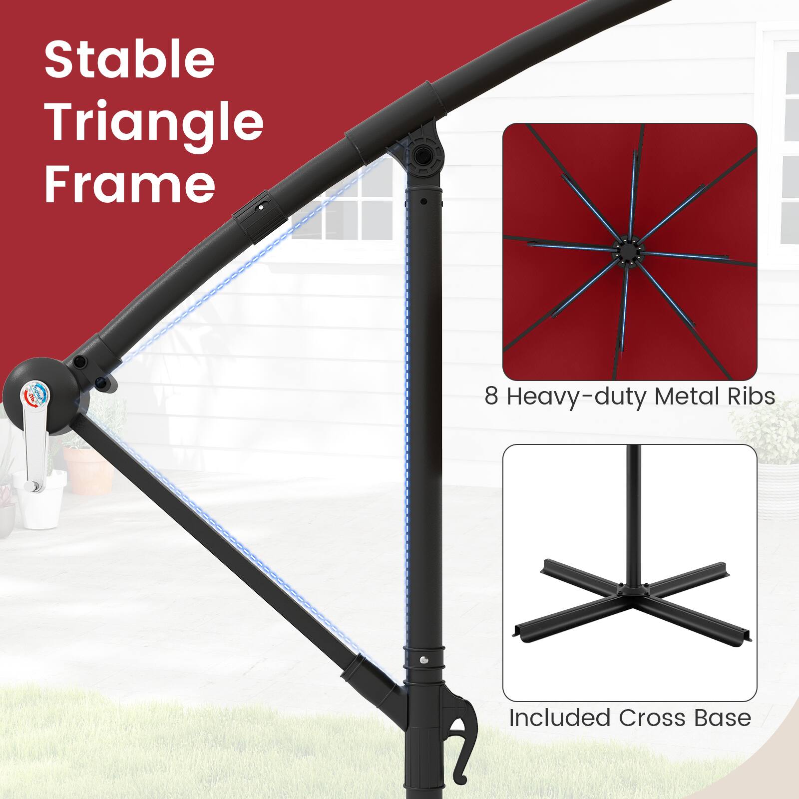 Stable Triangle Frame, 8 Heavy-duty Metal Ribs, Included Cross Base
