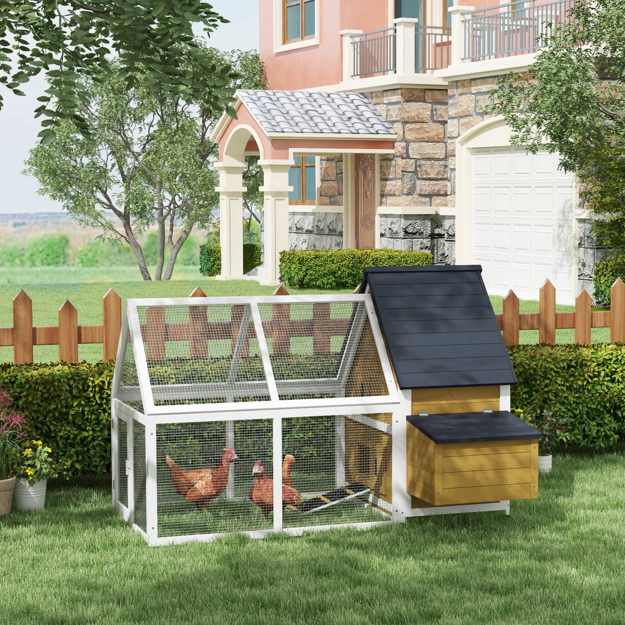 Angle. Pawhut - 65" Chicken Coop Wooden with Detachable Run, Nesting Box, Removable Tray, Roosting Bars, Ramp, Backyard.