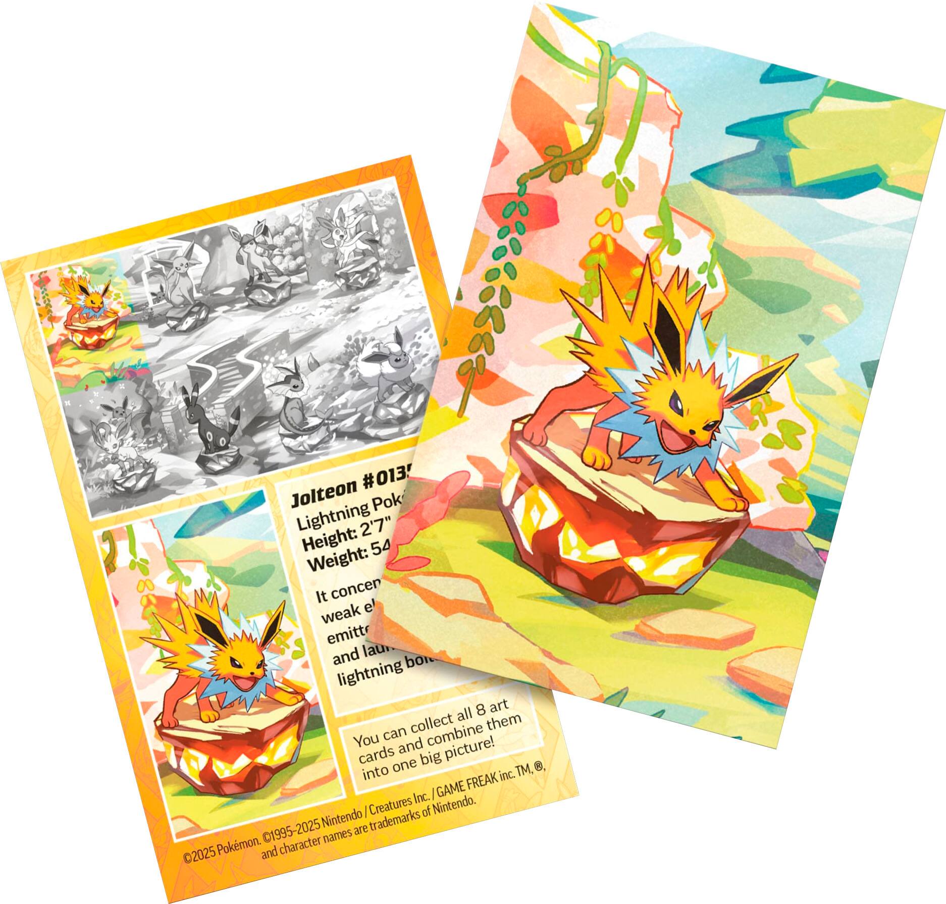 The image features a colorful Pokemon card with a yellow and blue creature sitting in a red bowl. The card is accompanied by a yellow booklet that contains information about the Pokemon, such as its height, weight, and lightning powers. The booklet also encourages collectors to combine the card with other Pokemon cards to create a bigger picture. The Pokemon card and booklet are both part of the Pokemon trading card game, which is a popular collectible and gaming franchise.
