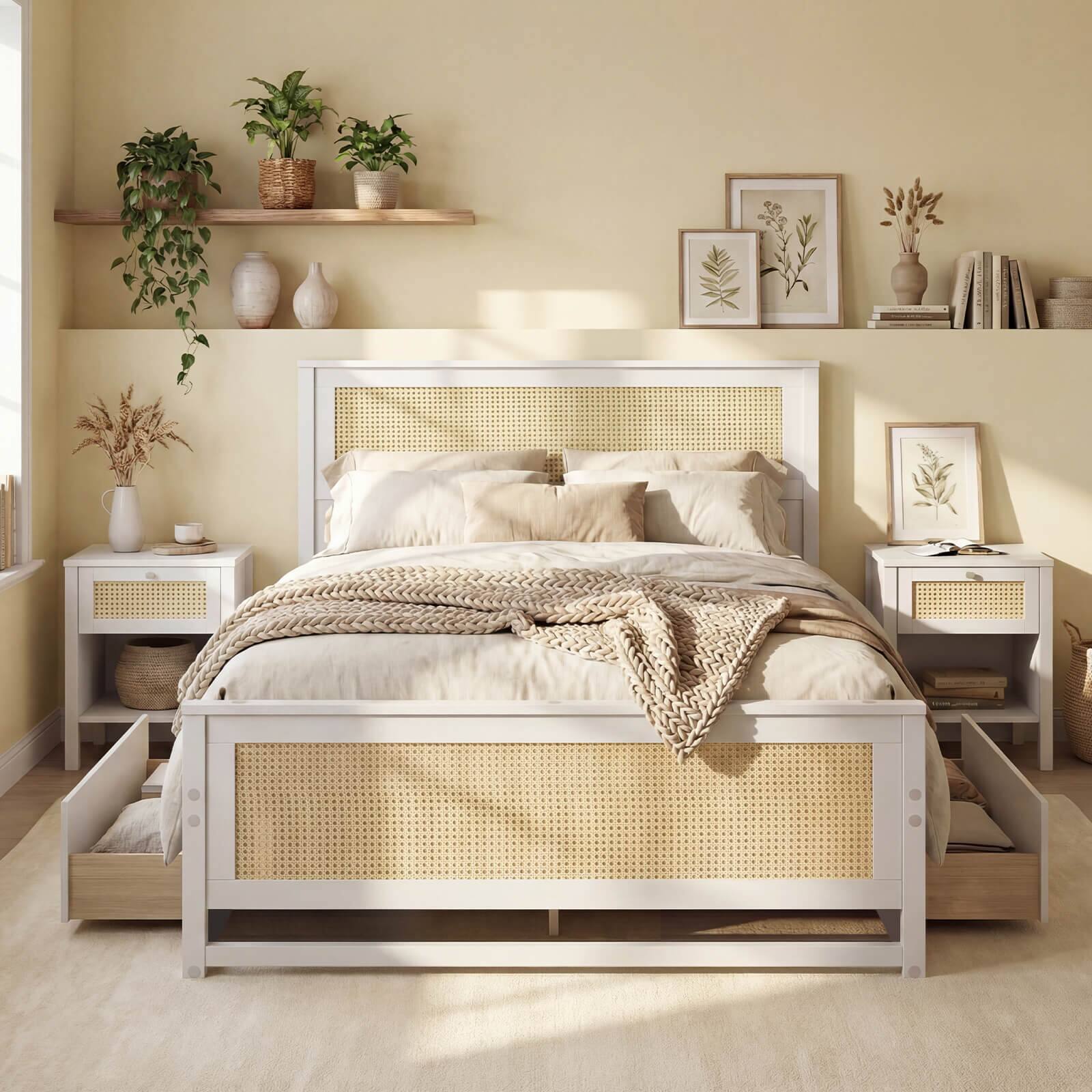 Alt View 3. Costway - Costway Full Size Rattan Bed Frame with Headboard, 2 Storage Drawers & Space - White.