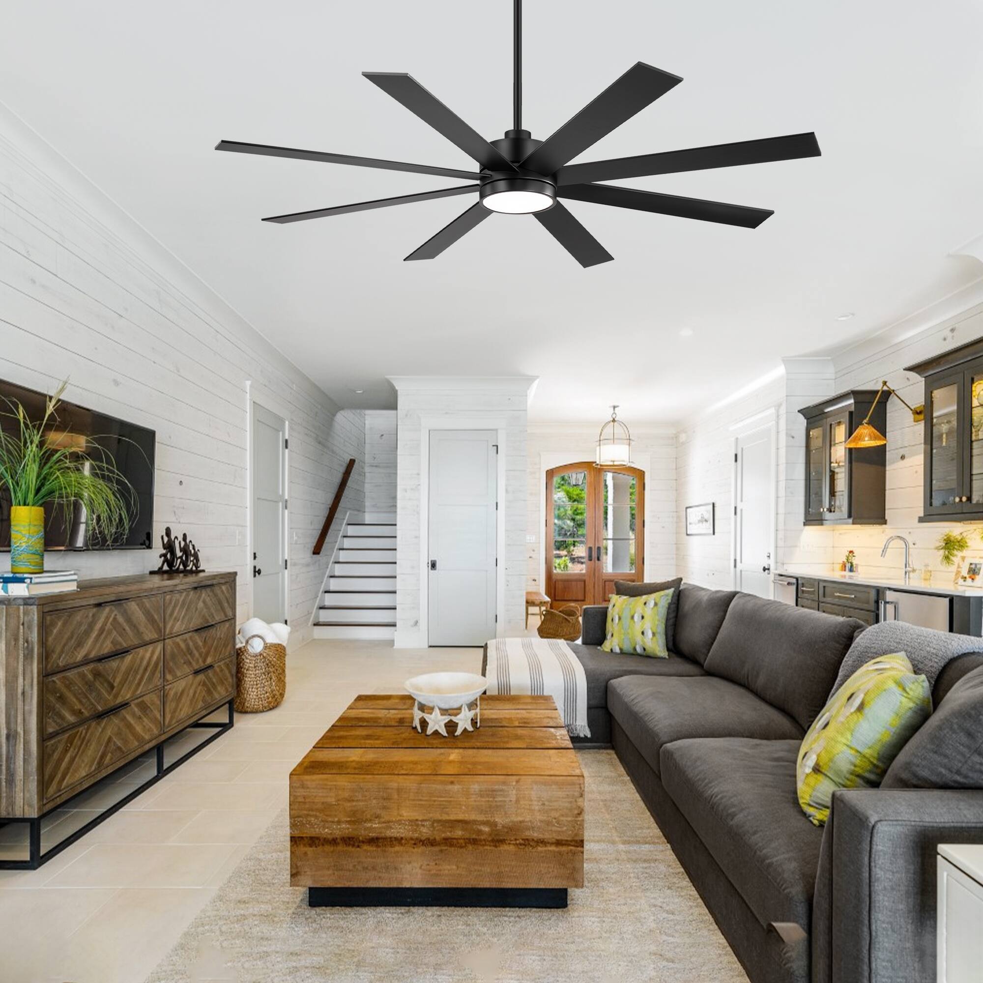 Back. Breezary - 72-Inch Ceiling Fan with 8-Blade Design, 3-Color Light, 6-Speed DC Motor, 6"/20" Downrods, Remote with Timer - Matte Black.