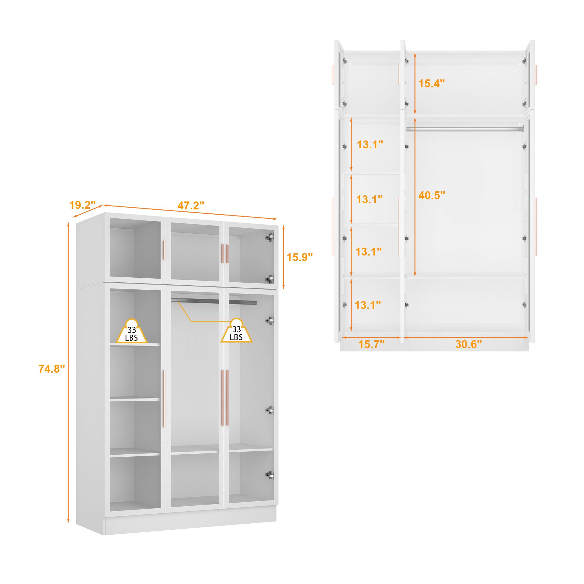 15.4", 13.1", 19.2", 47.2", 13.1", 40.5", 15.9", 13.1", 13.1", 33 LBS, 33 LBS, 15.7", 30.6", 74.8"