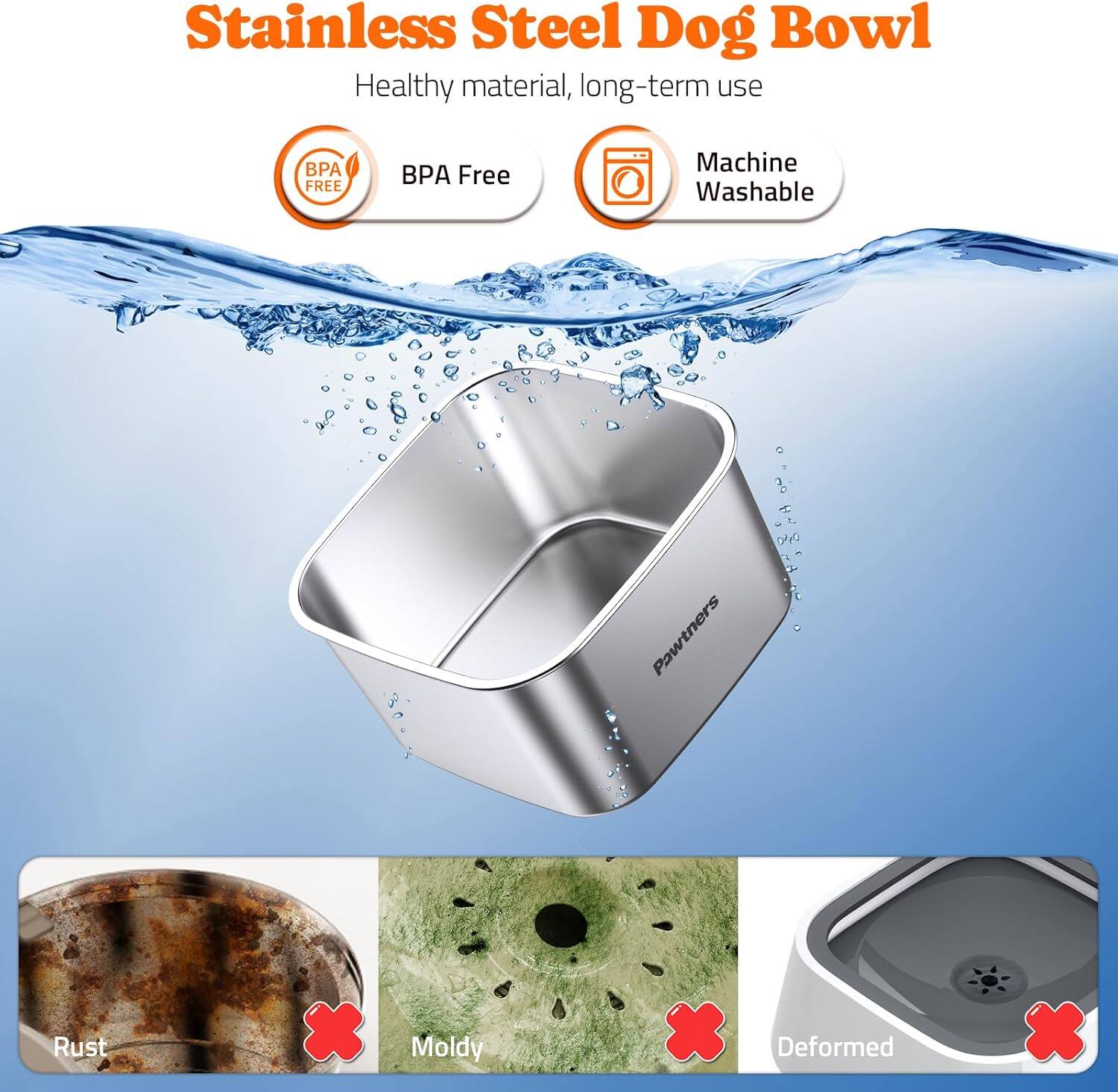 Stainless Steel Dog Bowl  
Healthy material, long-term use  
BPA Free  
Machine Washable  

Rust  
Moldy  
Deformed