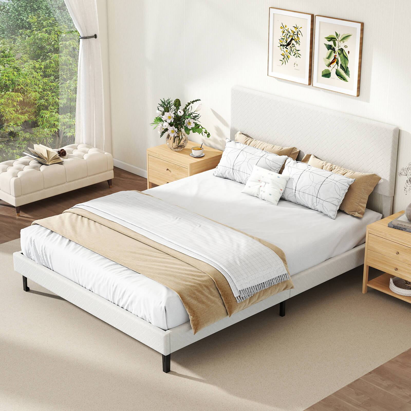 Alt View 4. Costway - Costway Queen Size Velvet Bed Frame with Height Adjustable Chevron Headboard,Noise Free - Beige.