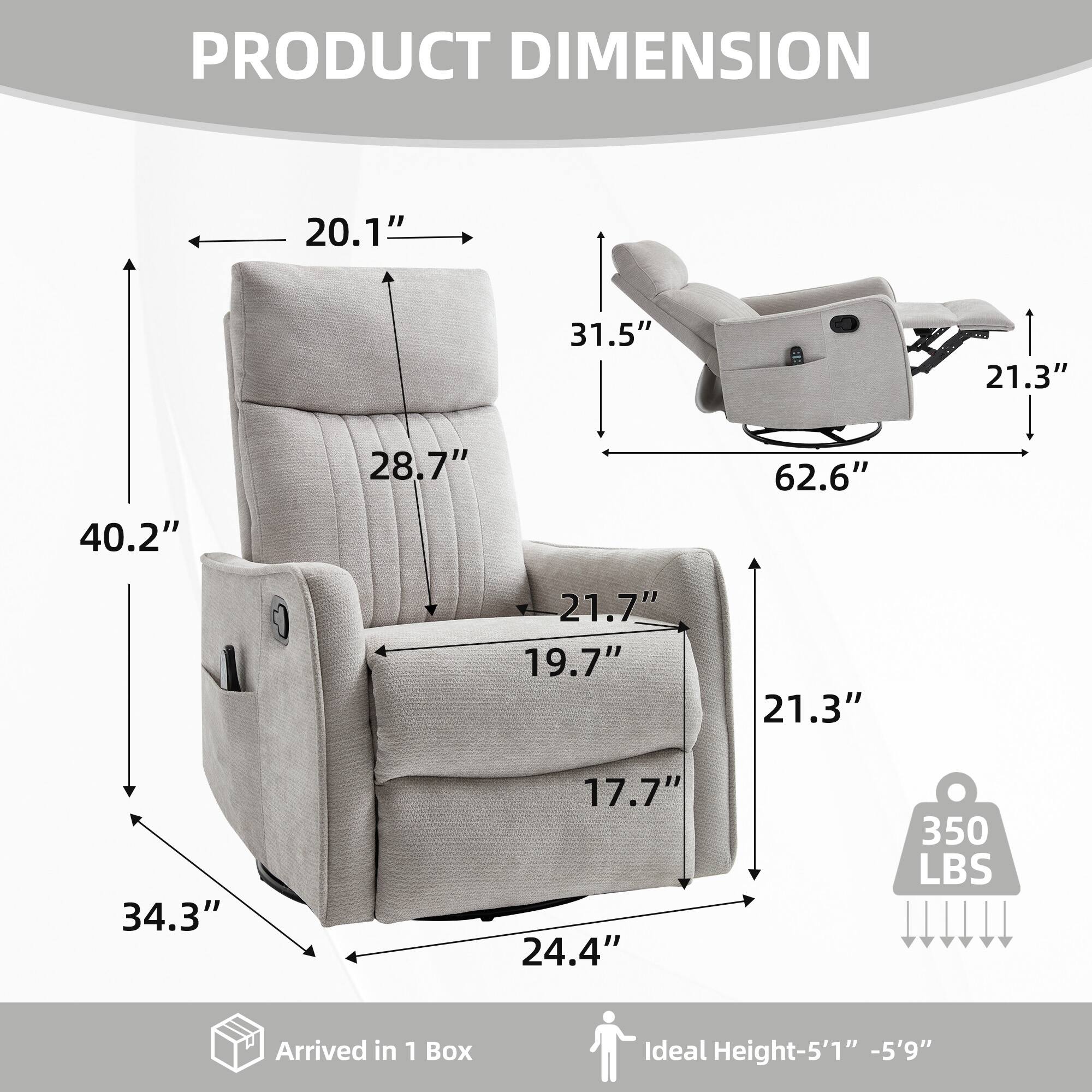 PRODUCT DIMENSION  
20.1" x 31.5" x 21.3" x 40.2" x 28.7" x 62.6" x 21.7" x 19.7" x 21.3" x 34.3" x 17.7" x 24.4"  
350 LBS  
Arrived in 1 Box  
Ideal Height: 5'1" - 5'9"