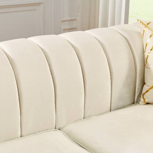 Alt View 1. Anysun - 81" 3-Seat Velvet Chesterfield Sofa - Button Tufted, Gold Stainless Steel Accents, Includes 2 Pillows - Beige.