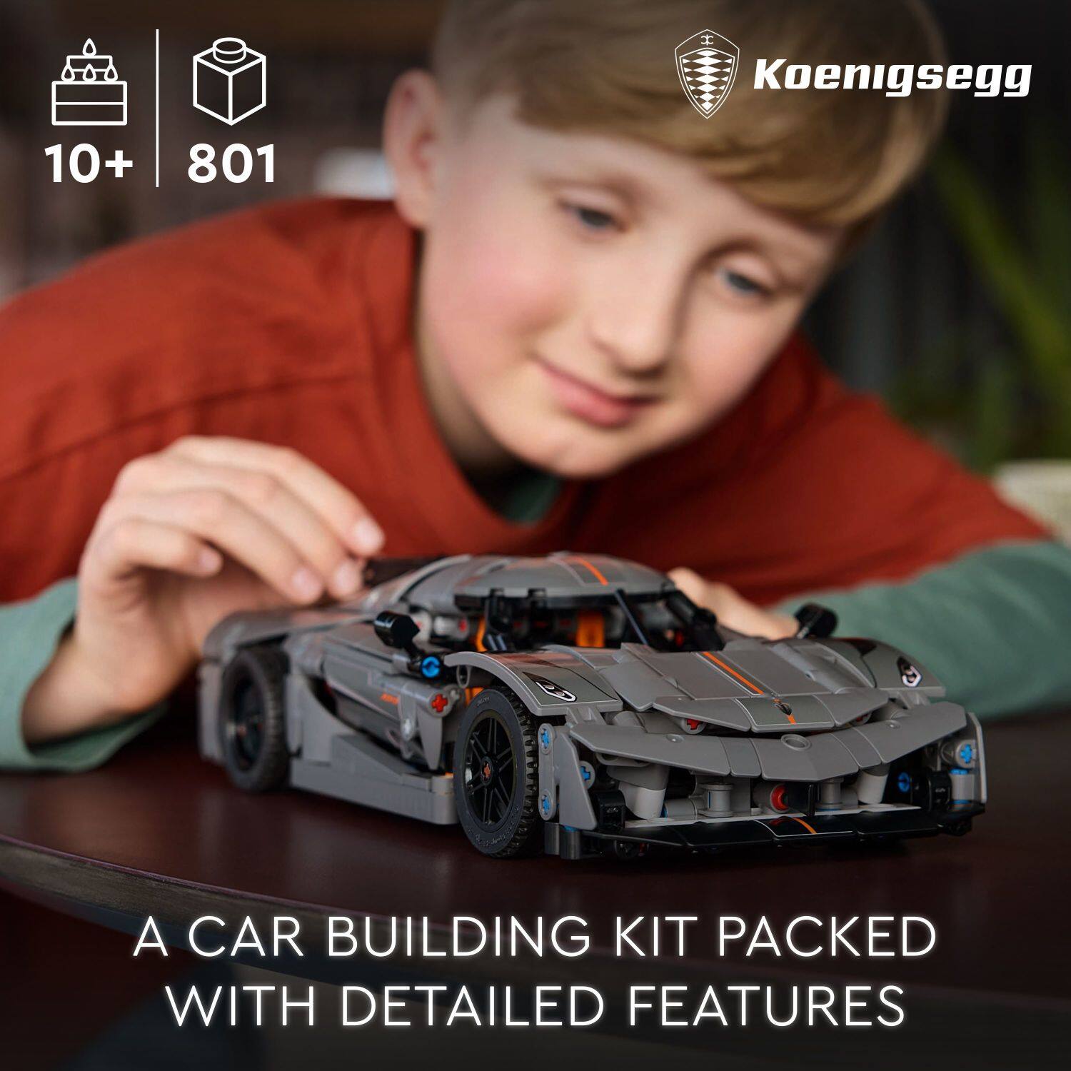 Koenigsegg 10+ 801 + A car building kit packed with detailed features.
