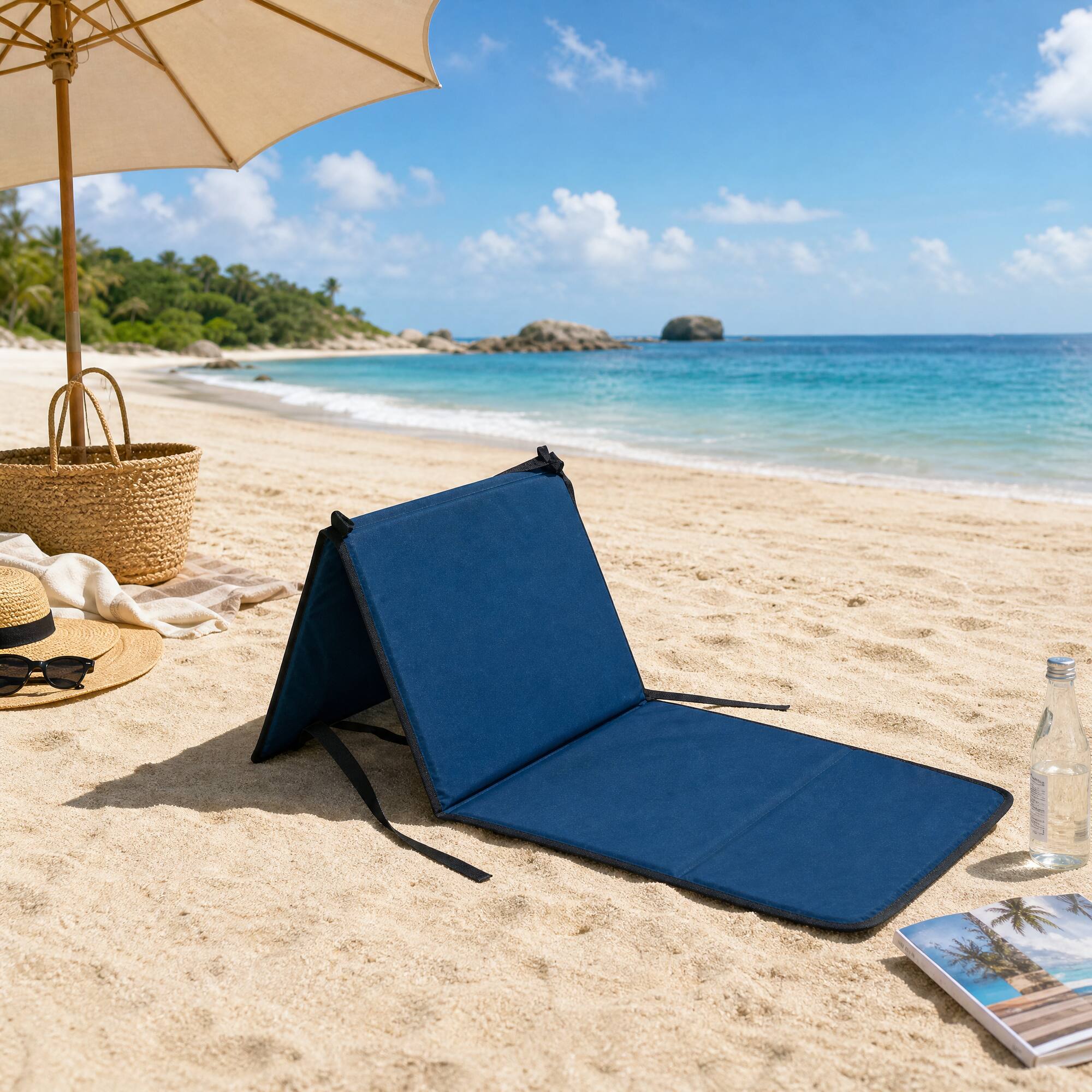 Angle. SUNJOY - Sunjoy Ultra-Light Reclining Beach Tanning Mat Lounge Chair with Backrest, Portable for Camping & Road Trips, Khaki - Blue.
