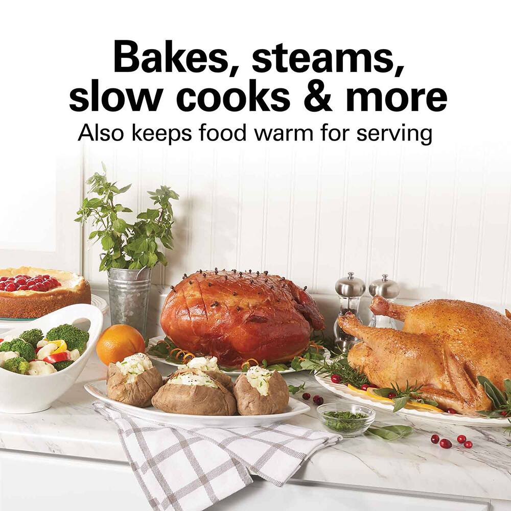 Bakes, steams, slow cooks & more  
Also keeps food warm for serving