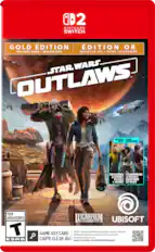**Nintendo Switch**
**ÉDITION OR**
**GOLD EDITION**
**INCLUDES GAME • SEASON PASS**
**INCLUT LE JEU • PASSE SAISONNIER**
**STAR WARS OUTLAWS**
**SEASON PASS**
**PASSE SAISONNIER**
**INCLUDES 2 STORY PACKS**
**COMPREND 2 PACKS HISTOIRE**
**+ MORE**
**+ ET PLUS**
**TEEN ADOLESCENTS**
**T**
**GAME-KEY CARD**
**CARTE CLÉ DE JEU**
**25 GB**
**Full game download via internet required. See back.**
**Téléchargement du jeu complet (25 Go) via Internet nécessaire. Voir au verso.**
**support.nintendo.com/switch2/gamekeycard**
**LUCASFILM GAMES**
**UBISOFT**