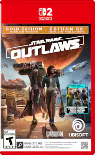 **Nintendo Switch**
**ÉDITION OR**
**GOLD EDITION**
**INCLUDES GAME • SEASON PASS**
**INCLUT LE JEU • PASSE SAISONNIER**
**STAR WARS OUTLAWS**
**SEASON PASS**
**PASSE SAISONNIER**
**INCLUDES 2 STORY PACKS**
**COMPREND 2 PACKS HISTOIRE**
**+ MORE**
**+ ET PLUS**
**TEEN ADOLESCENTS**
**T**
**GAME-KEY CARD**
**CARTE CLÉ DE JEU**
**25 GB**
**Full game download via internet required. See back.**
**Téléchargement du jeu complet (25 Go) via Internet nécessaire. Voir au verso.**
**support.nintendo.com/switch2/gamekeycard**
**LUCASFILM GAMES**
**UBISOFT**