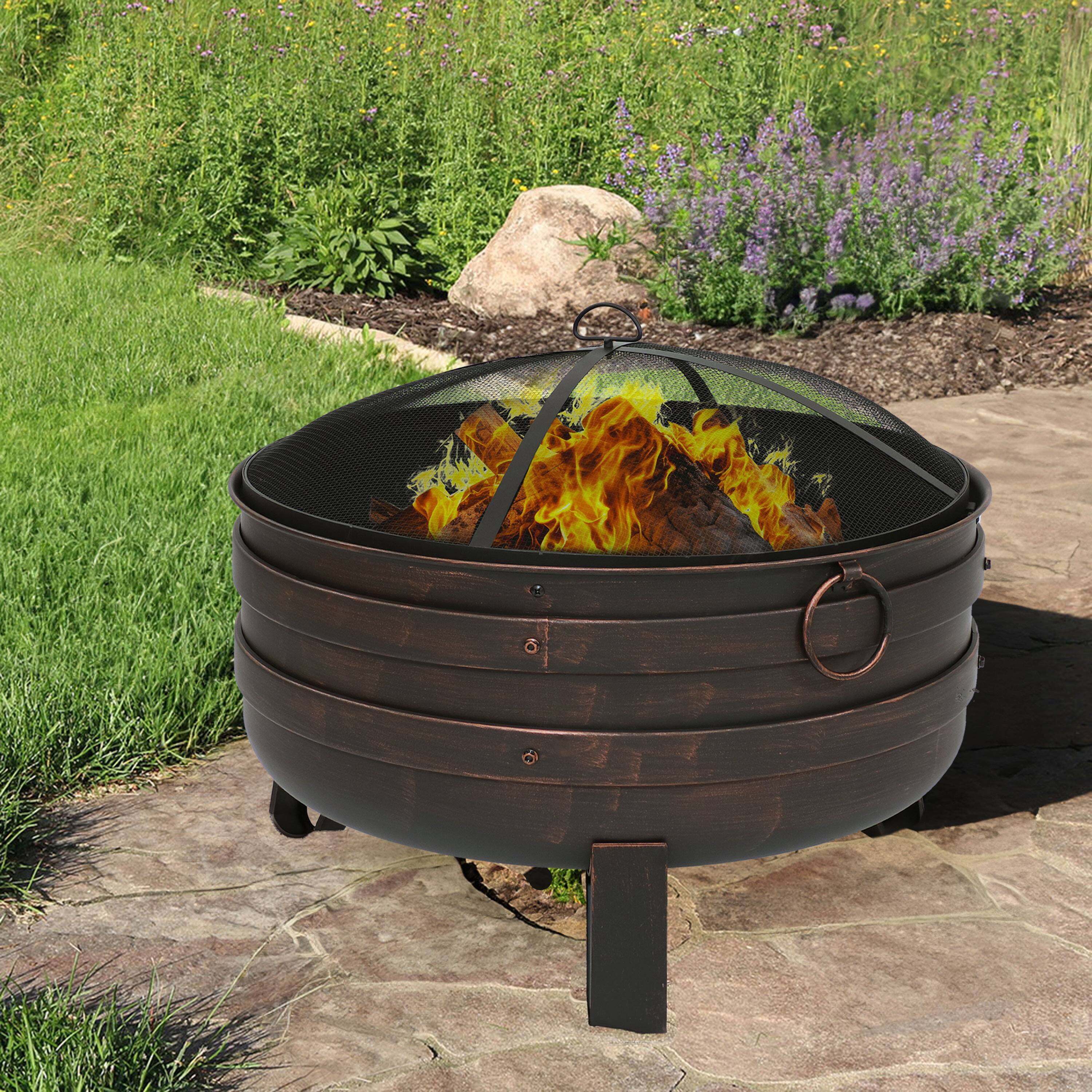 Alt View 1. Sunnydaze - 24 in Cauldron Fire Pit with Spark Screen and Cover - Bronze.
