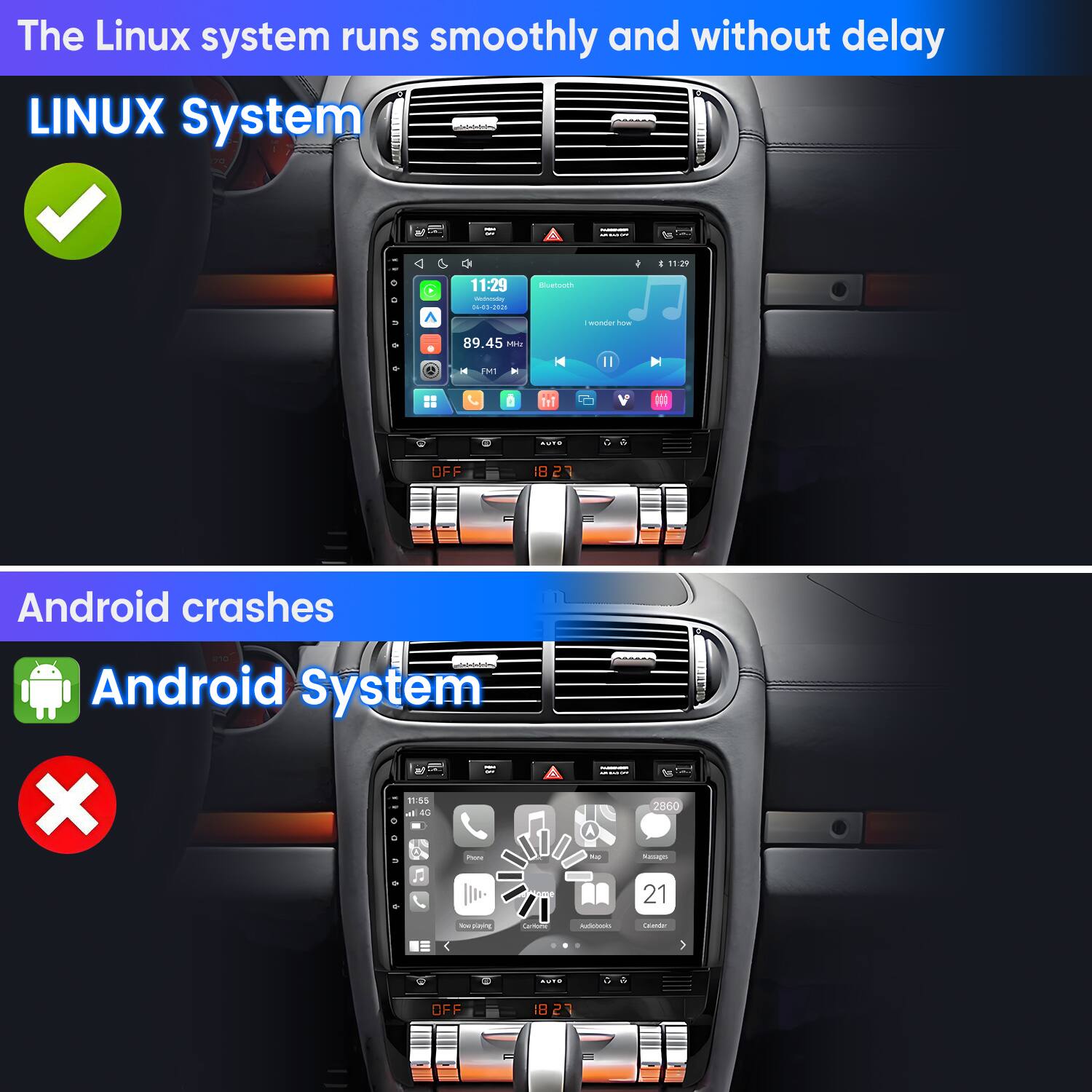 The Linux system runs smoothly and without delay  
LINUX System  

11:29 Wednesday 04-03-2026  
Bluetooth  
89.45 Mrc FM1  
AUTO  
OFF  
1827  

Android crashes  
Android System - - X 11:55 all 4G Phone  
2860 Map Amago  
21  
loe playing  
Cariforme  
Acchooks  
Calories  
AND  
OFF  
1827