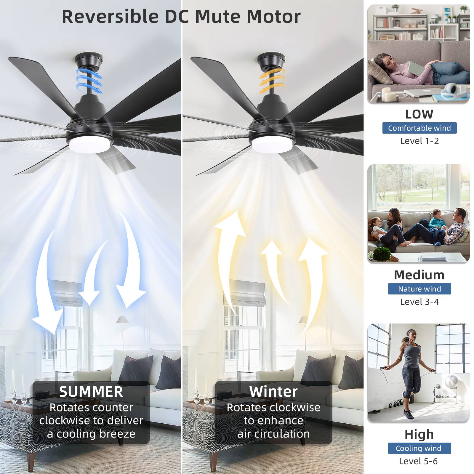 Reversible DC Mute Motor

LOW  
Comfortable wind  
Level 1-2

SUMMER  
Rotates counter clockwise to deliver a cooling breeze

Medium  
Nature wind  
Level 3-4

Winter  
Rotates clockwise to enhance air circulation

High  
Cooling wind  
Level 5-6