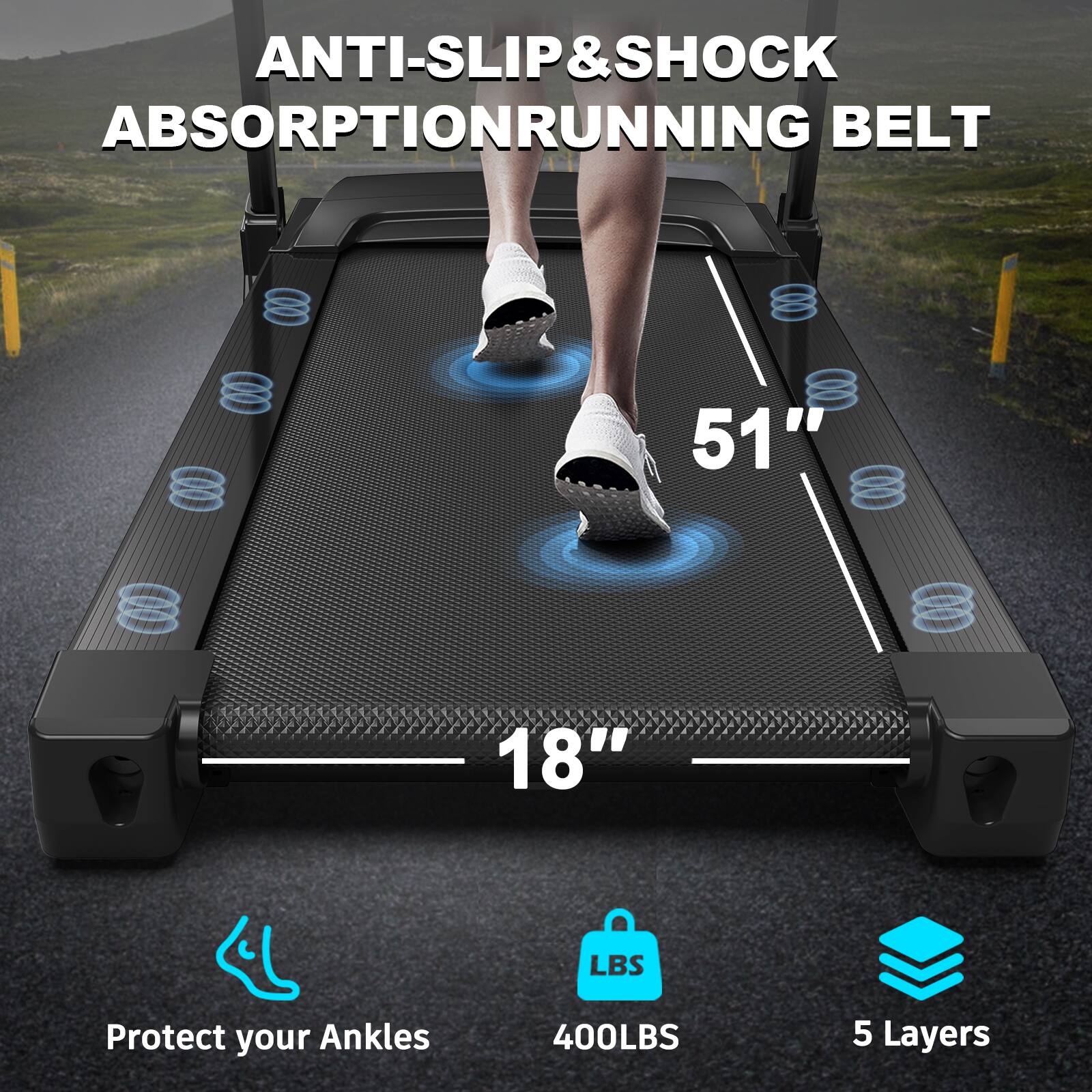 ANTI-SLIP & SHOCK ABSORPTION RUNNING BELT

51"  
18"

Protect your Ankles  
400LBS  
5 Layers