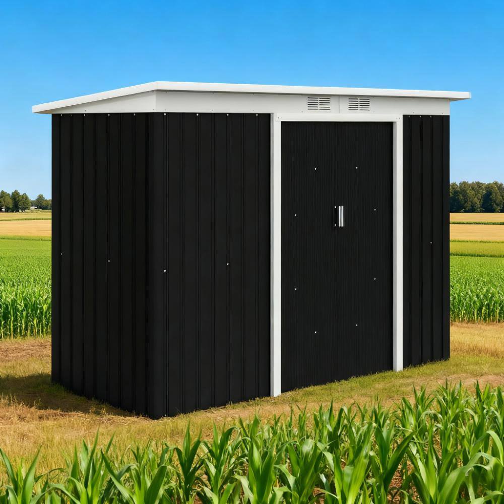 Angle. TinyHomie - Dark Gray Garden Storage Shed Outdoor Storage Shed 9FT x 4FT Tool House with Double Lockable Doors.