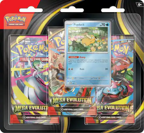 Sure, here is the corrected and grouped text from the image:
---
**Pokémon Trading Card Game**
**6+**
**BASIC TRADING CARD GAME**
**Psyduck**
- **HP:** 70
- **Ability:** Damp
- Pokémon in play (both yours and your opponent's) lose any Ability that requires the Pokémon using it to Knock Out itself.
- **Attack:** Ram
- **20** damage
- **Weakness:** ×2 (Fire)
- **Resistance:** ×1 (Water)
**Mega Evolution**
**10 ADDITIONAL GAME CARDS**
**10 ADDITIONAL GAME CARDS**
**10 ADDITIONAL GAME CARDS**
---
This text is organized to reflect the information on the Pokémon Trading Card Game packaging and the Psyduck card.