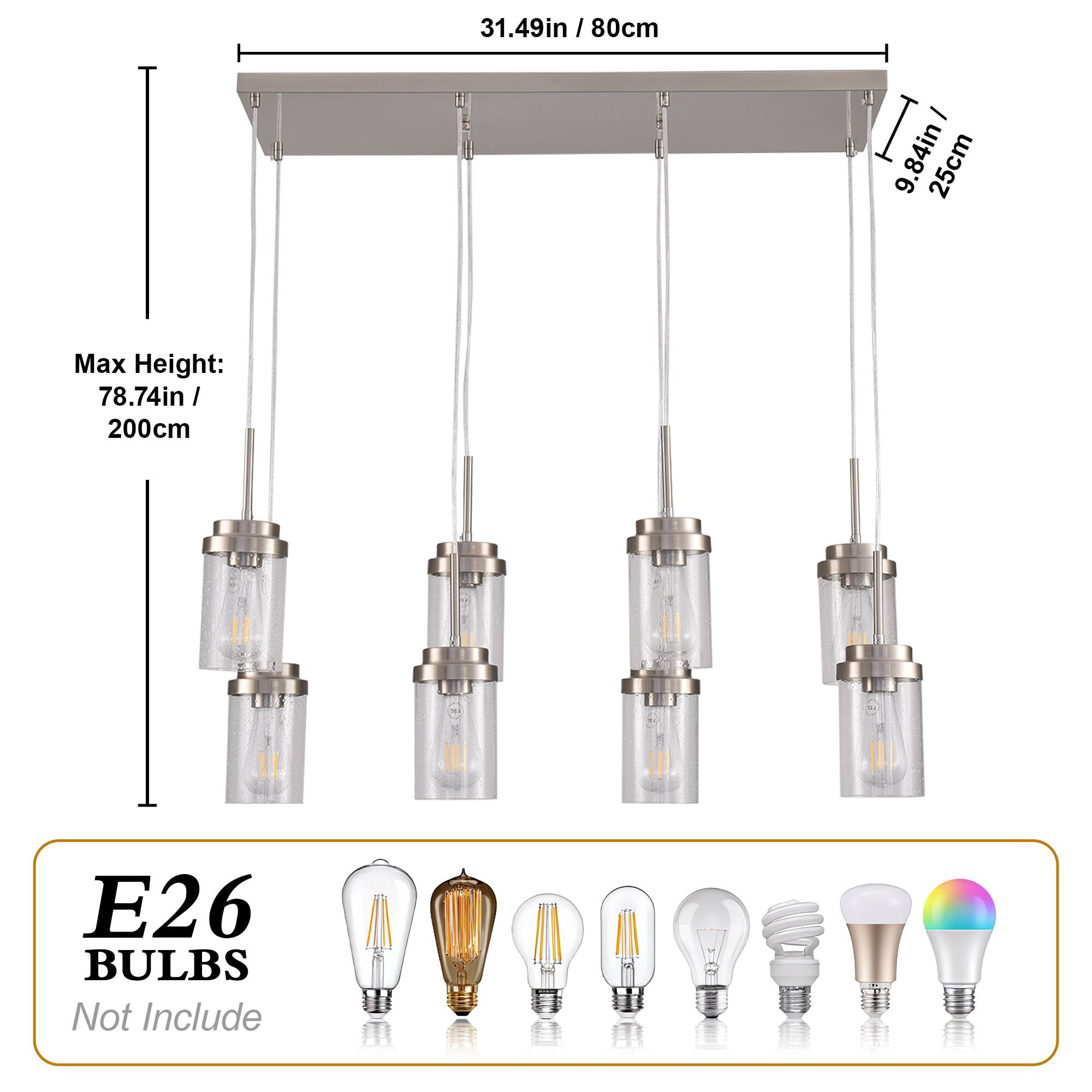 31.49in / 80cm  
9.84in / 25cm  
Max Height: 78.74in / 200cm  
E26 BULBS Not Include