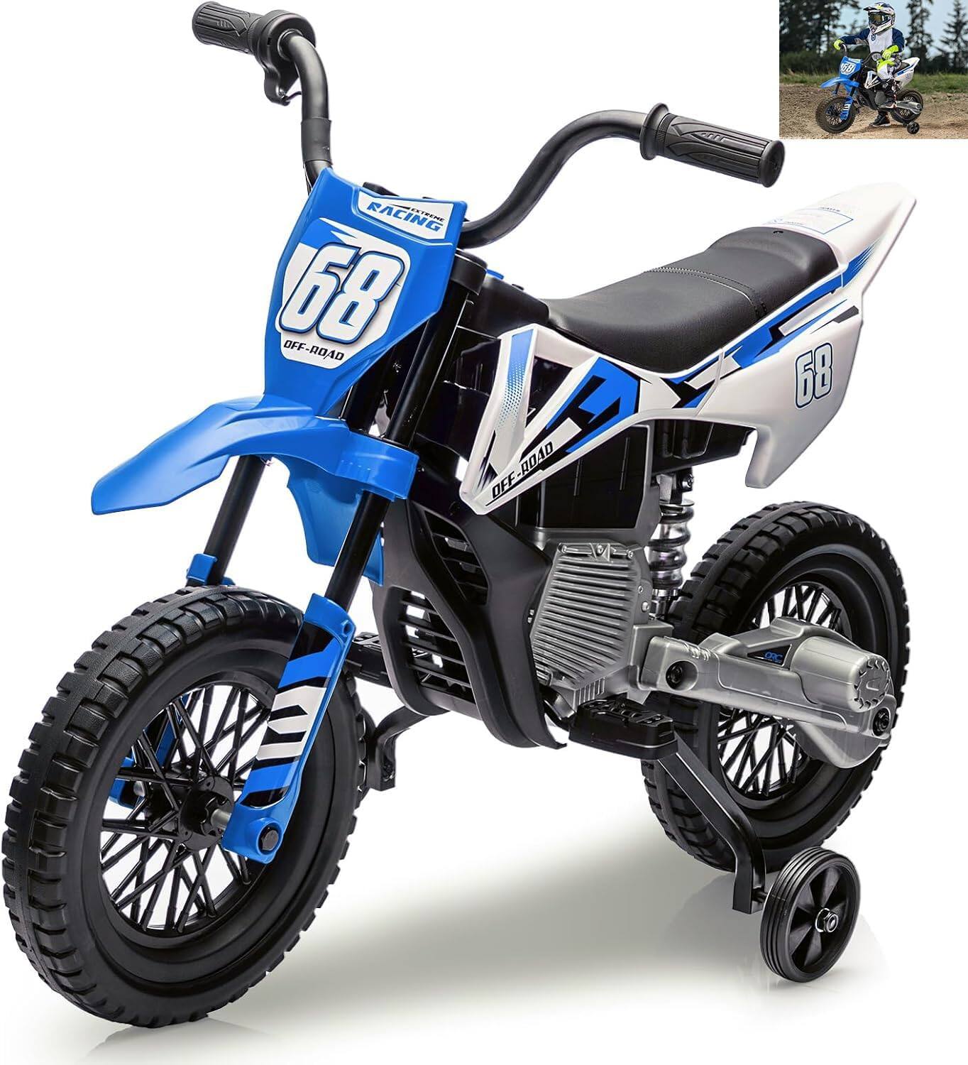 Homhougo - 12V Kids Ride-On Dirt Bike with Training Wheels, Twist Throttle Control, Music, Beginner Motorcycle