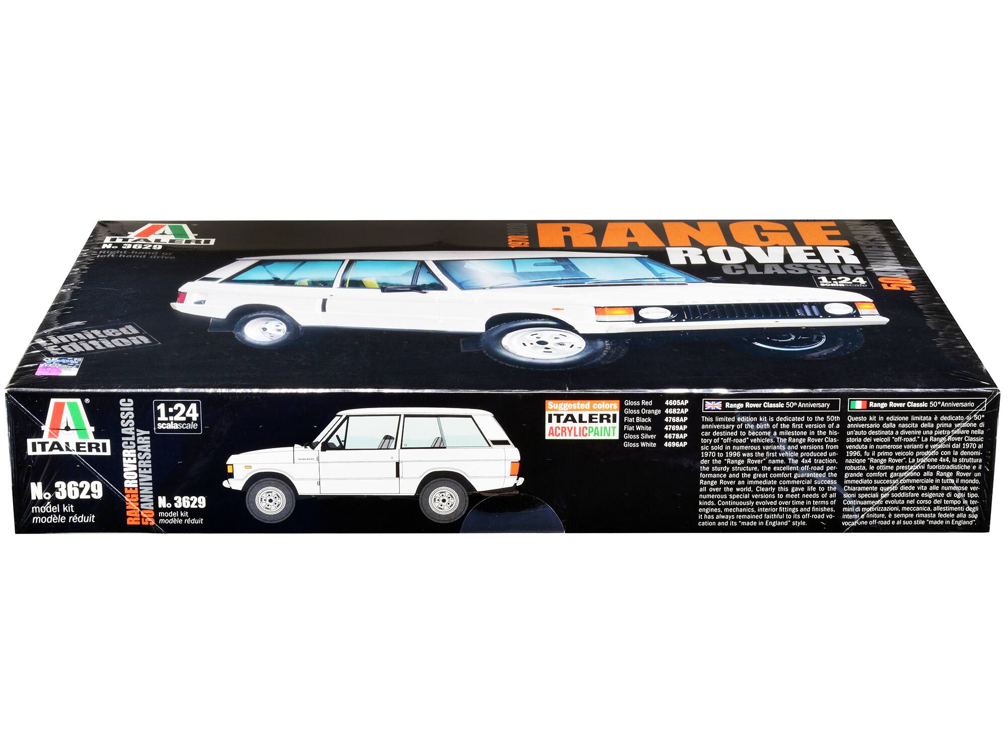 **ITALERI**  
**RANGE ROVER CLASSIC**  
**1:24 scale**  
**50th Anniversary**  
**Limited Edition**

**No. 3629**  
**model kit**  
**modèle réduit**

**Suggested colors**  
**ITALERI ACRYLIC PAINT**  
- Gloss Red 4605AP  
- Gloss Orange 4682AP  
- Flat Black 4T  
- Flat White 4GMGA  
- Gloss Silver 4TRAP

**Range Rover Classic 50th Anniversary**  
This limited edition kit is dedicated to the 50th anniversary of the Range Rover. The Range Rover is a milestone in the history of off-road vehicles. The Range Rover was first produced in 1970 and was the first vehicle produced under the name "Range Rover." It was designed to be a luxury off-road vehicle with a sturdy structure, excellent off-road performance, and great comfort guaranteed. The Range Rover has evolved over time in terms of engineering, interior fittings, and finishes, maintaining its "made in England" style.

**Questo edizione limitata è dedicata al 50° anniversario del Range