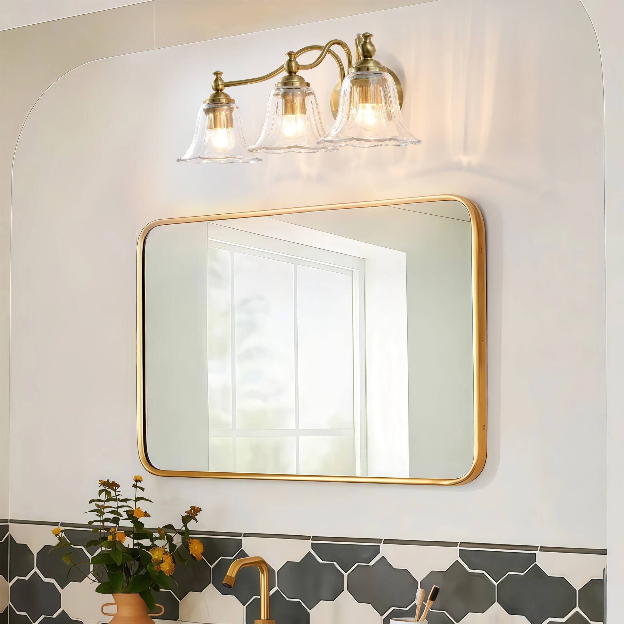 Alt View 2. RYHNUYNE - 3-Light Bathroom Vanity Light Fixture,Gold Vanity Lighting,Farmhouse Wall Mount Lighting Over Mirror for Bedroom Hallway - Gold.