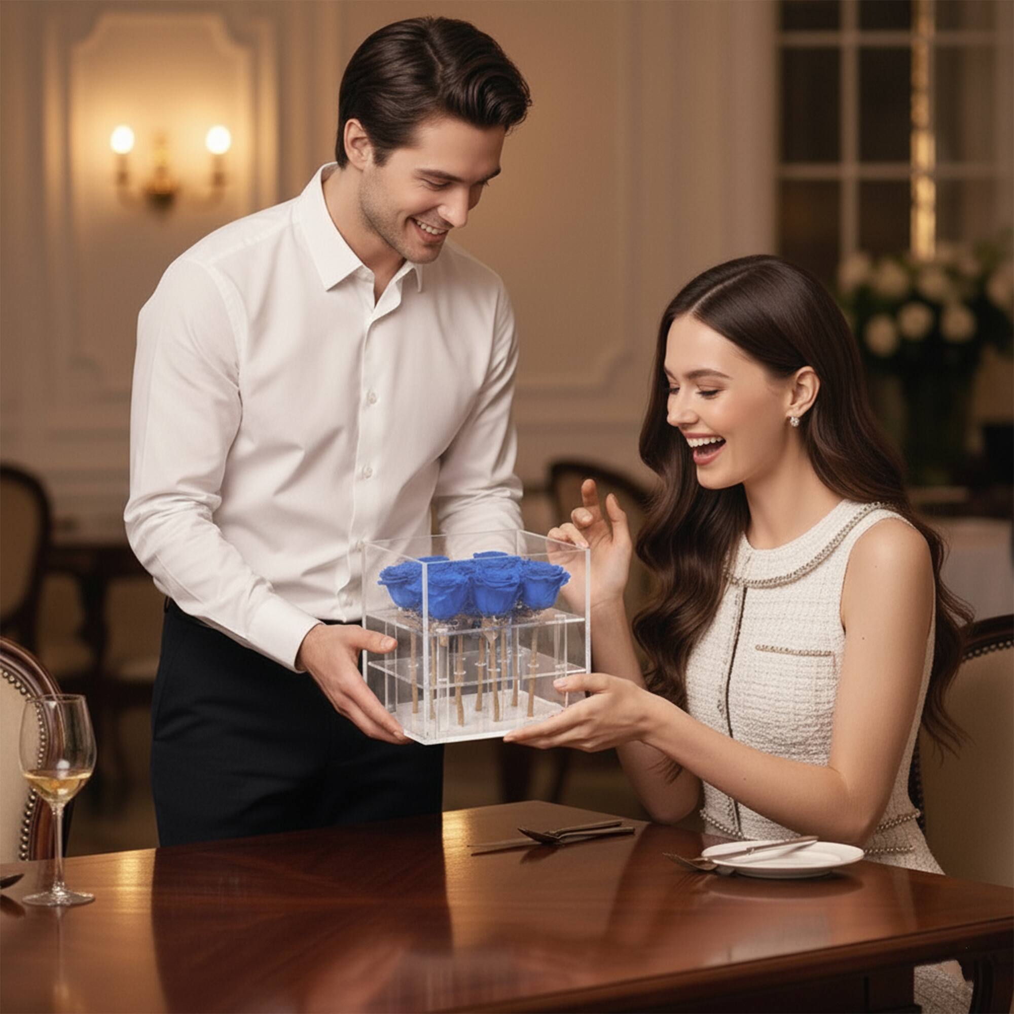 Left. Pursonic - 9 Preserved Roses in Acrylic Box: 100% Real Natural Roses - Blue.