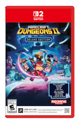 2 NINTENDO SWITCH MINECRAFT DUNGEONS II DELUXE EDITION INCLUDED | INCLUIDOS DLCs 1 & 2 available as released Soul Cape Blub Pet 4 Hero Skins DLC 1 y 2 según estén disponibles Capa de Alma Mascota Burbu 4 aspectos de héroe EVERYONE 10+ TODOS +10 10+ ESRB MOJANG STUDIOS GAME-KEY CARD 15 GB- Full game download via internet required See back. juego requiere una descarga de 15 GB a través de internet. Ver el reverso. TARJETA LLAVE DE JUEGO support.nintendo.com/switch2/gamekeycard - E10+ (Everyone 10+)